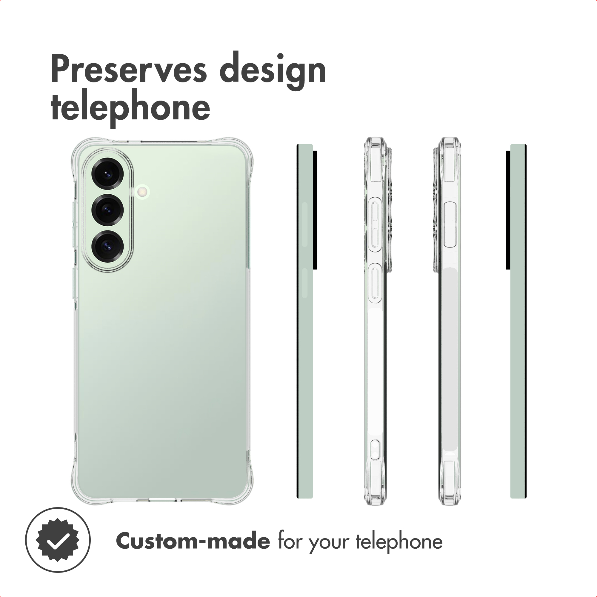 Funda protectora transparente mostrada en un smartphone verde claro desde varios ángulos.