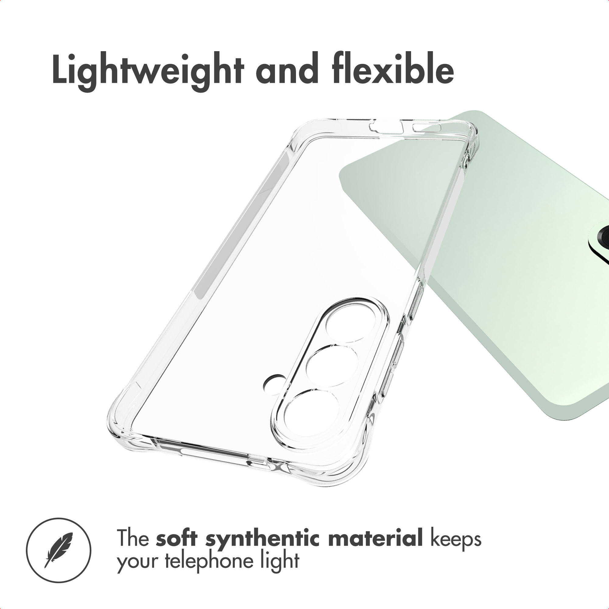 Una funda de móvil transparente y flexible junto a un smartphone verde claro, con texto.