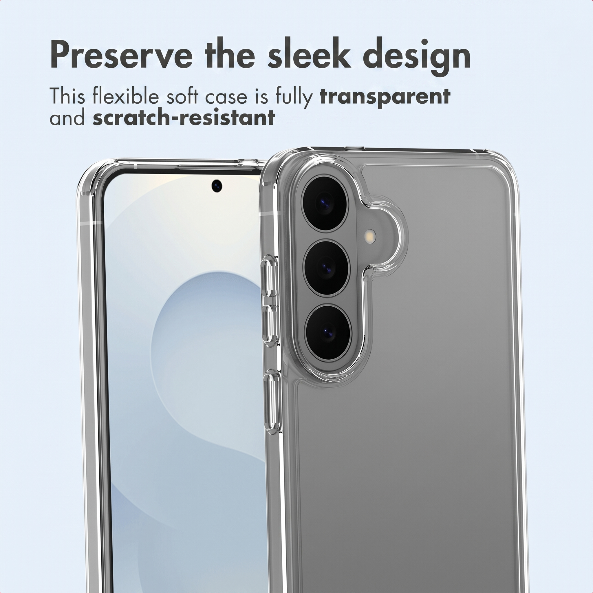 Une coque de téléphone transparente sur un smartphone avec du texte au-dessus.