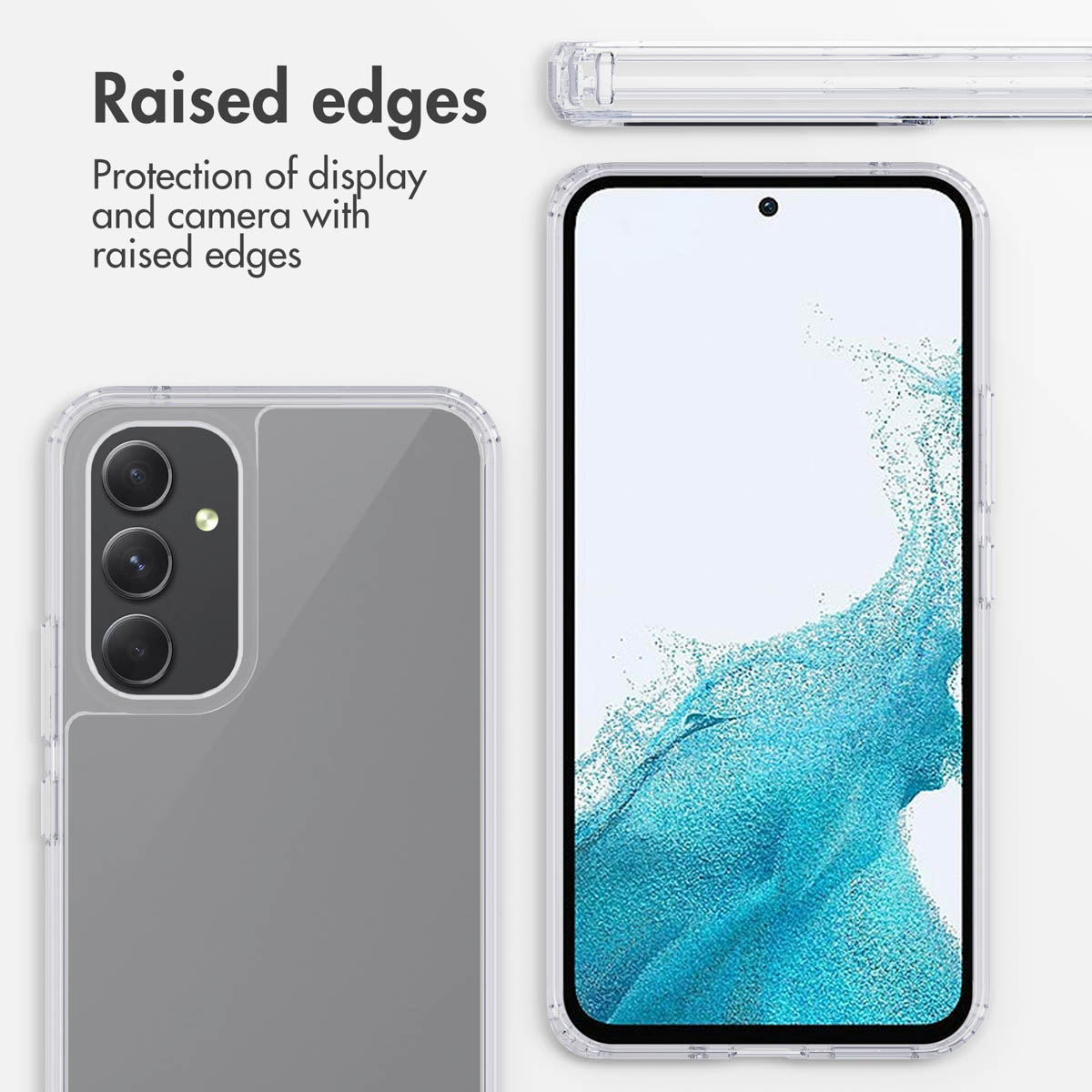 Transparente Handyhülle mit erhöhten Rändern für Display- und Kameraschutz auf weißem Hintergrund.