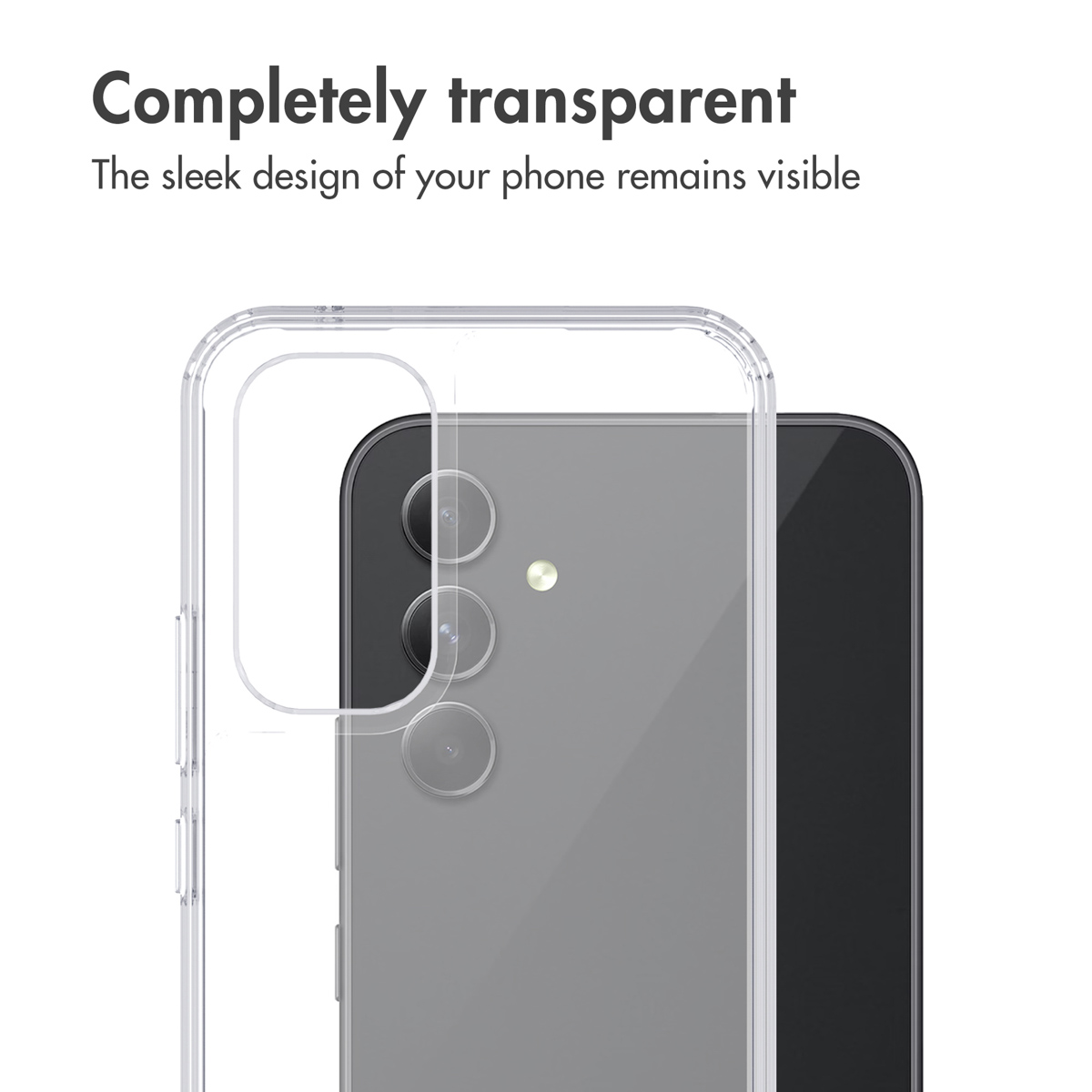 Eine transparente Handyhülle auf einem dunkelgrauen Smartphone mit drei vertikalen Kameralinsen.