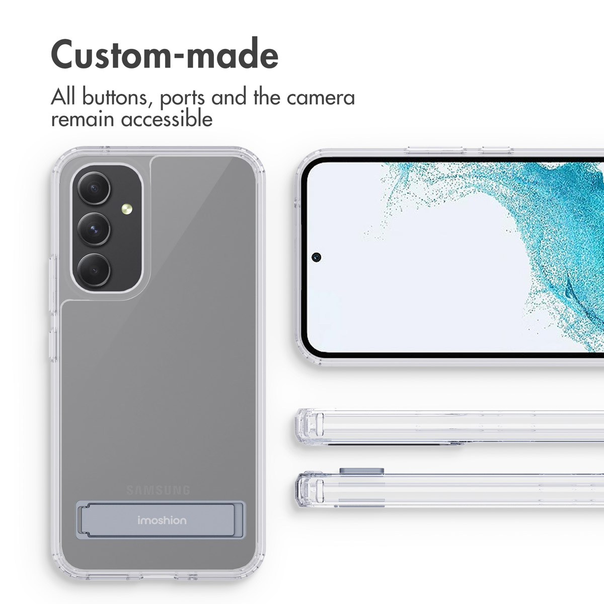 Transparente Smartphone-Hülle mit integriertem Ständer, zeigt Vorder- und Rückseite eines Telefons.