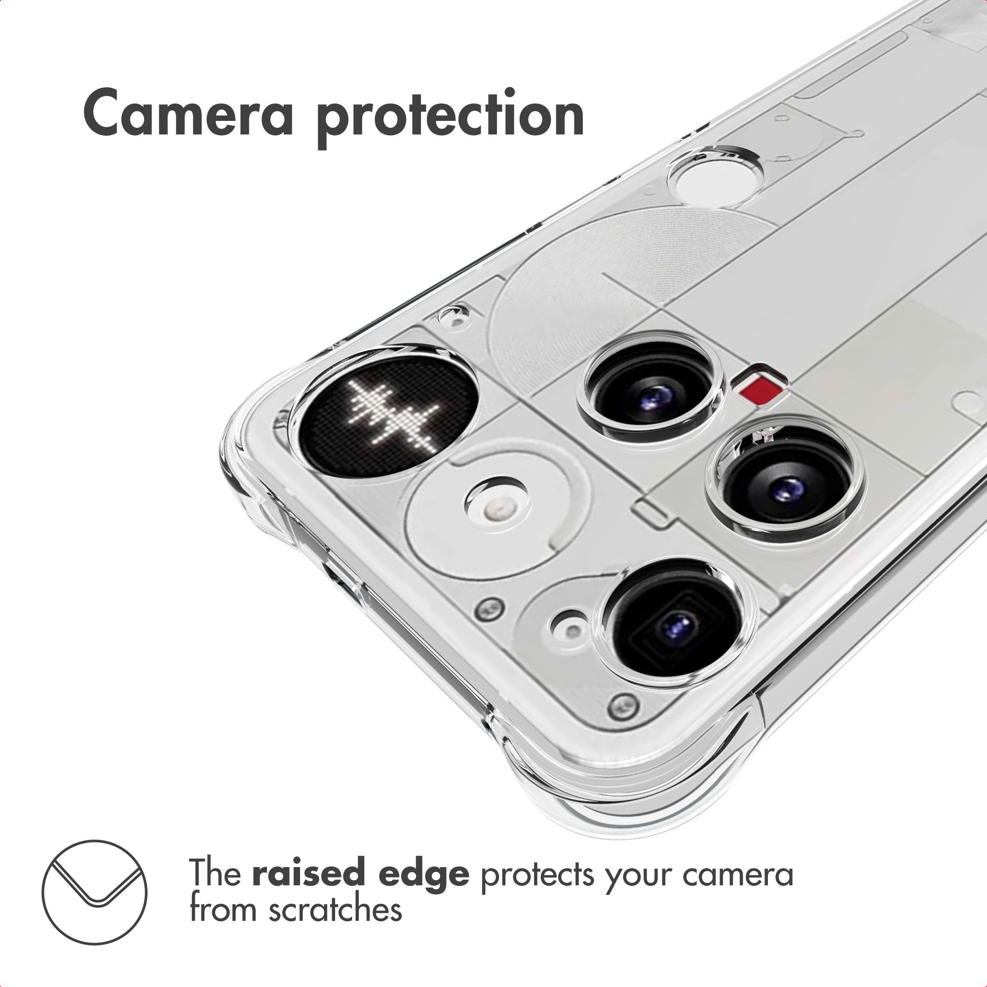 Una funda transparente para teléfono con bordes elevados alrededor de las lentes para protección.