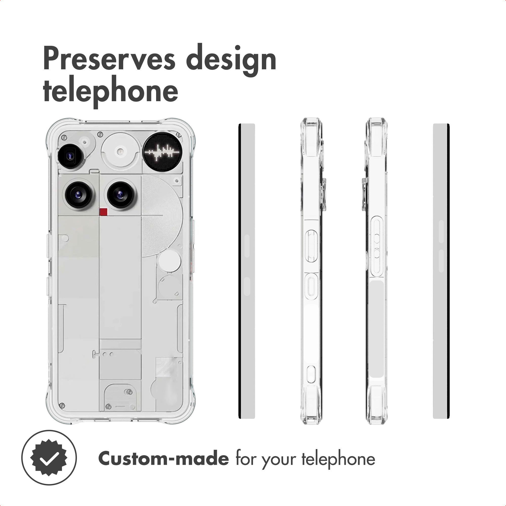 Funda transparente para teléfono mostrada desde varios ángulos con texto que indica que preserva el diseño y es a medida.