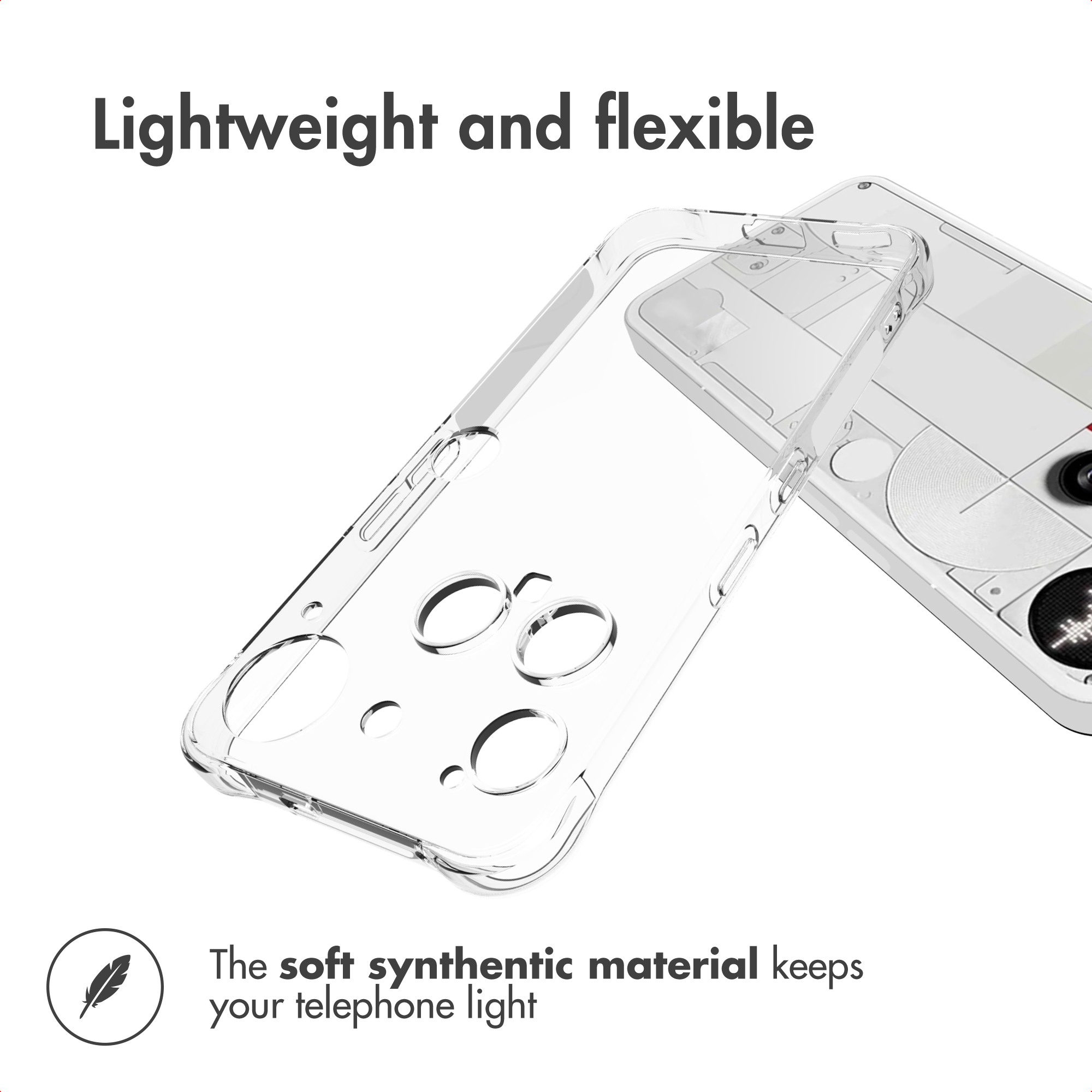 Funda de teléfono transparente con texto arriba y abajo.