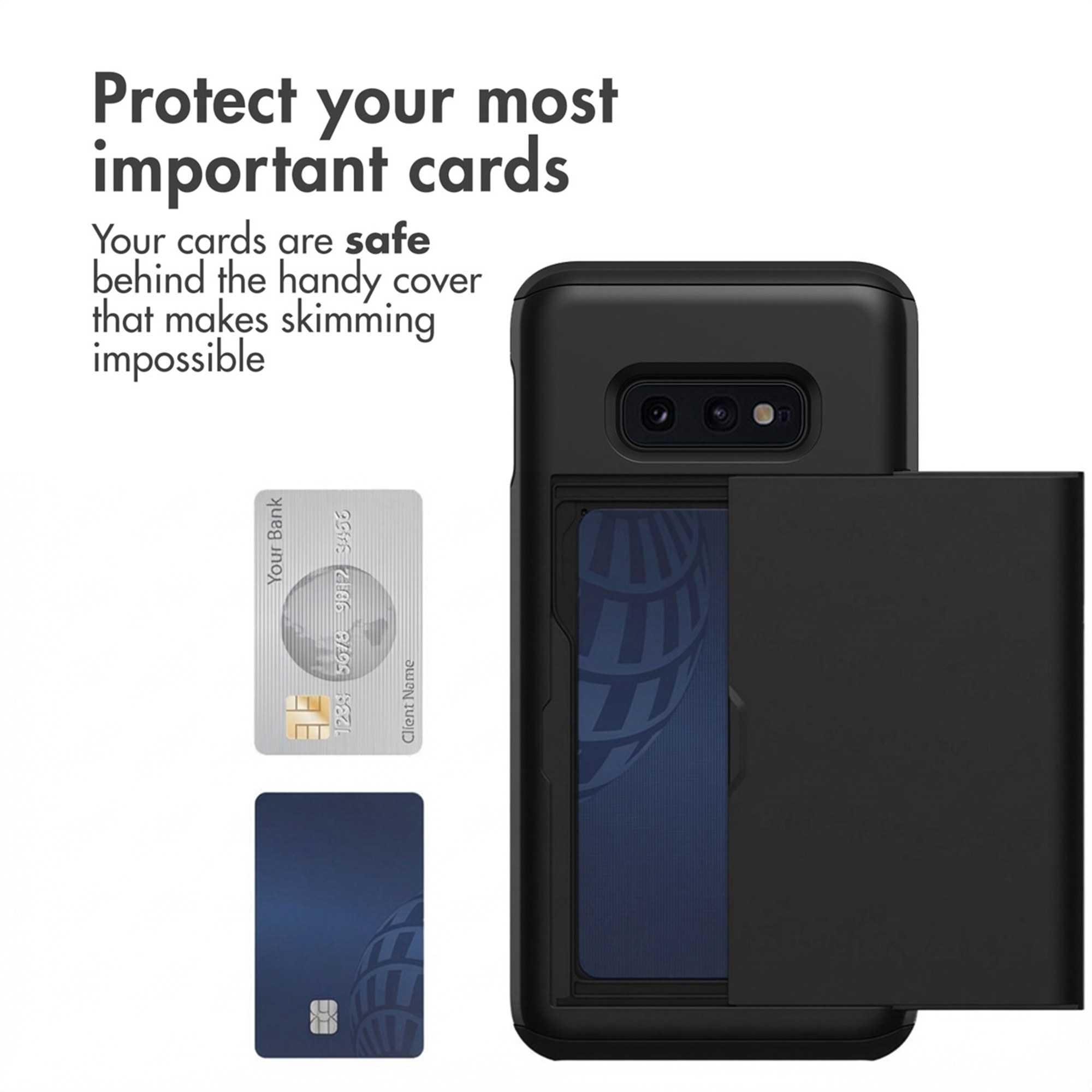 Zwarte telefoonhoes met kaartsleuf aan de achterkant en twee creditcards.