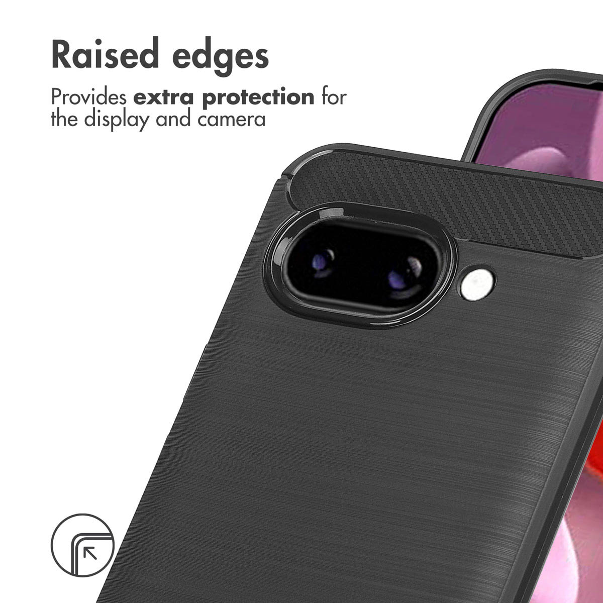 A black phone case with raised edges for camera protection, featuring textured back and text overlay.