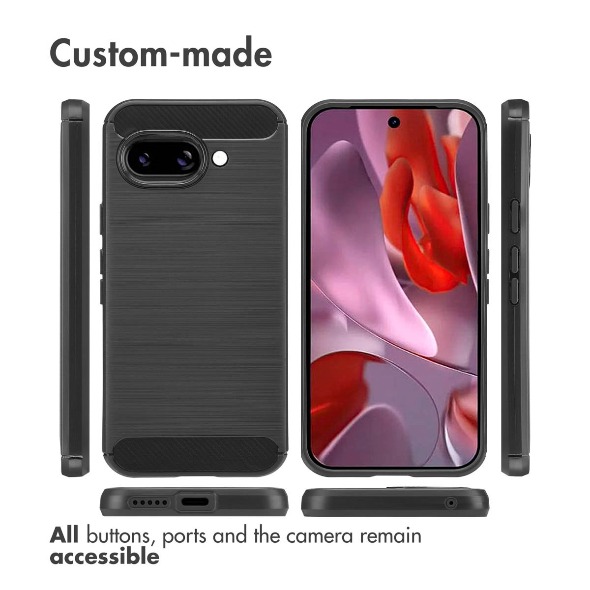 Black protective phone case shown from multiple angles with accessible buttons and ports.