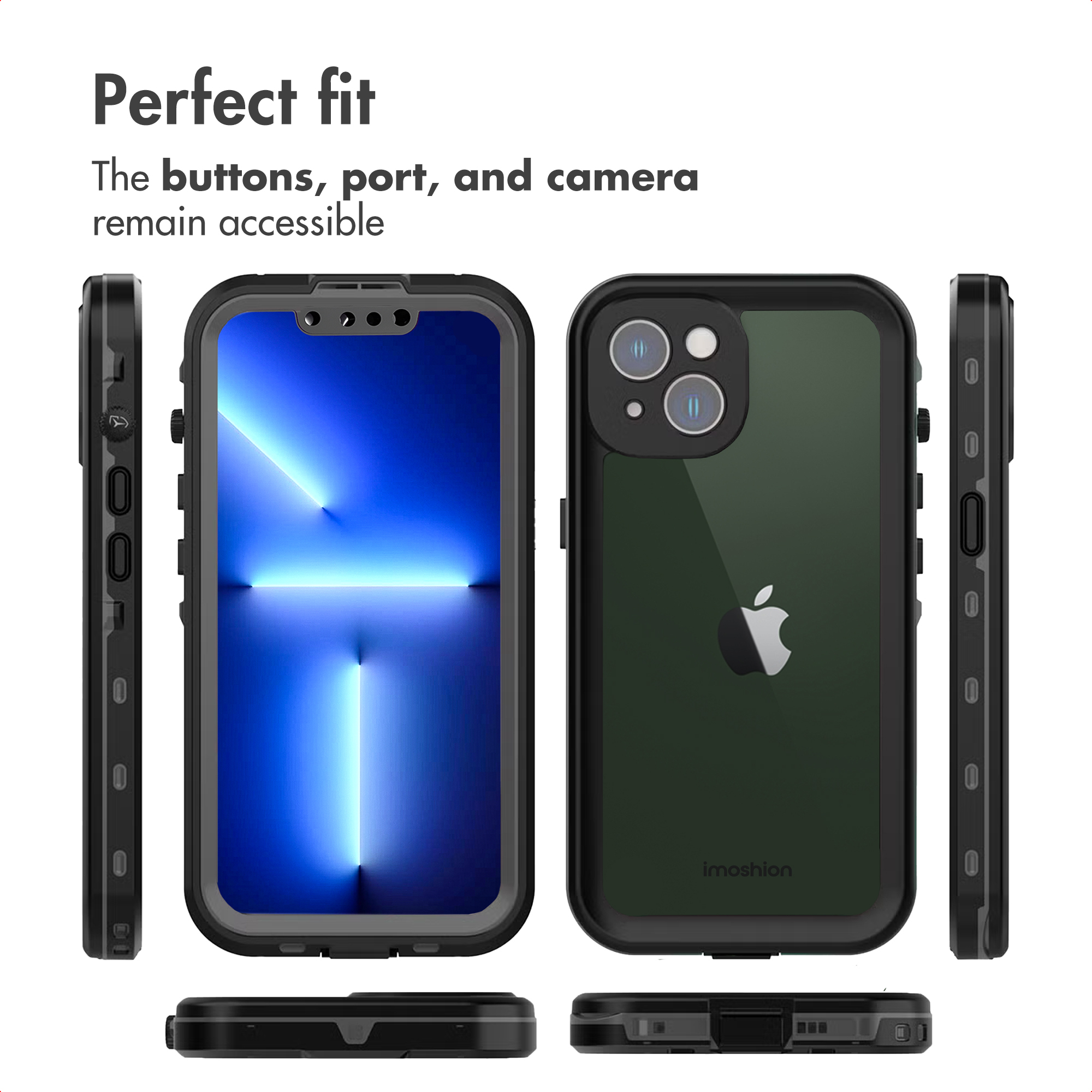 Verschiedene Ansichten einer schwarzen Schutzhülle für ein iPhone, die Knöpfe und Anschlüsse zugänglich lässt.