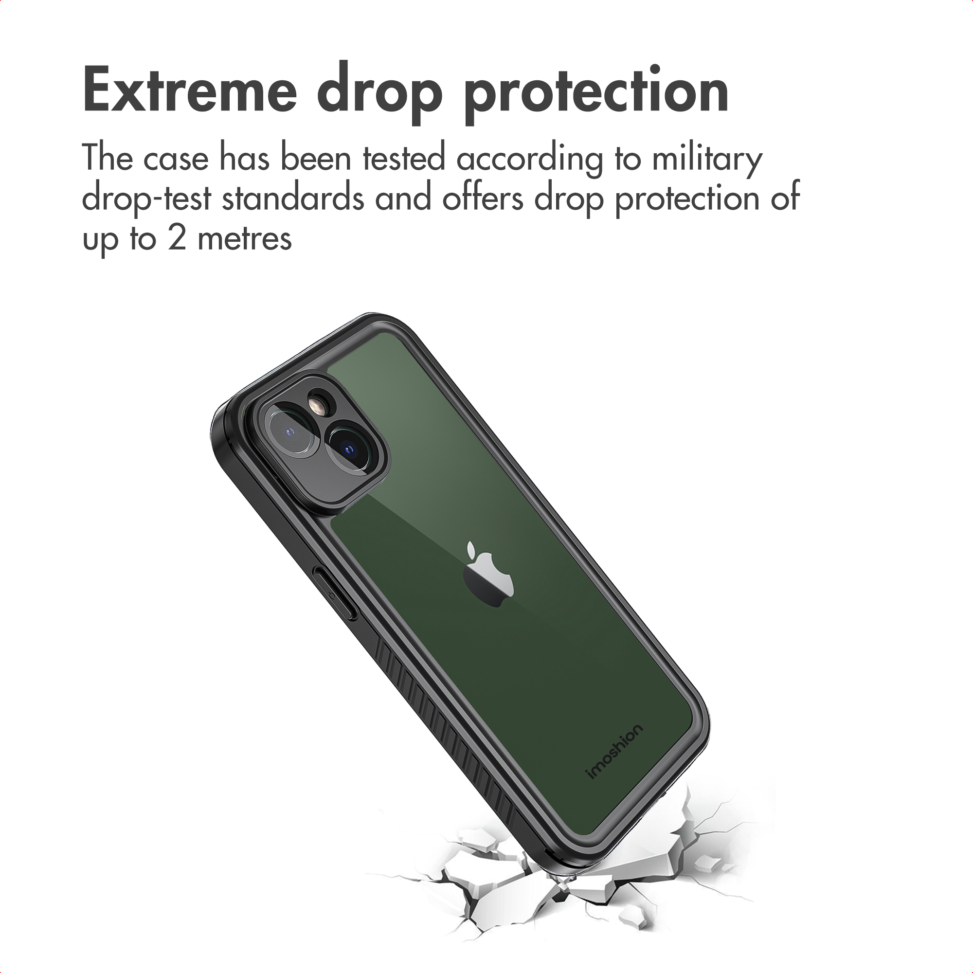 Ein grünes Smartphone mit schwarzer Hülle schwebt über zerbrochenem Boden.