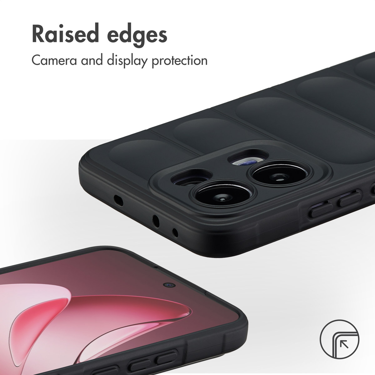 Eine schwarze Smartphone-Hülle mit erhöhten Kanten für Kamera- und Display-Schutz.