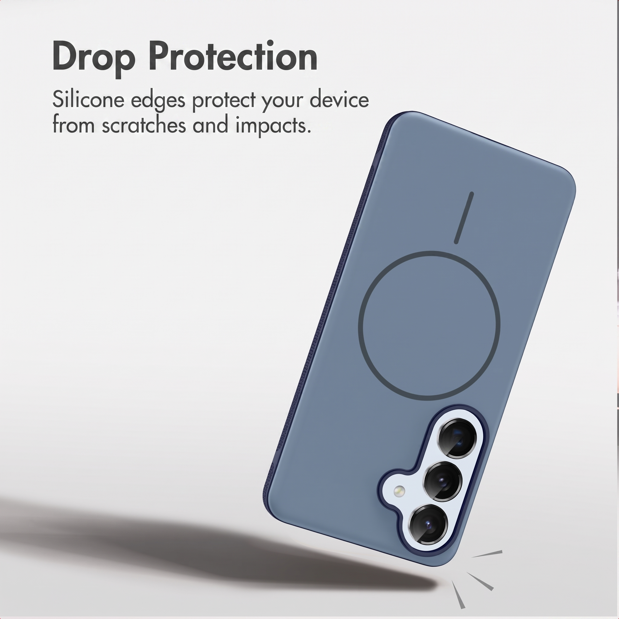 Blaue Smartphone-Hülle mit MagSafe-Kreis und dreifacher Kamera auf hellem Hintergrund mit Text.