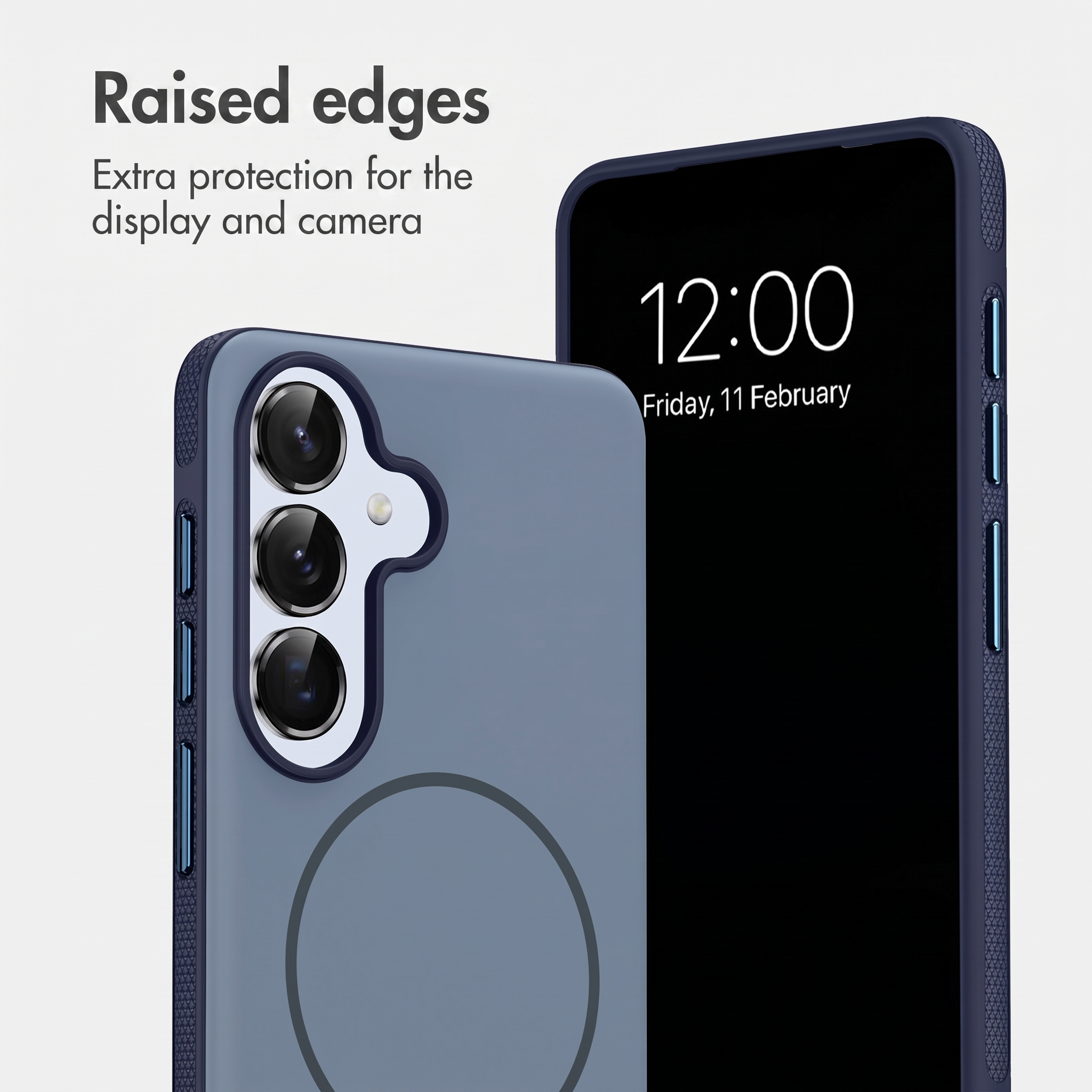 Zwei blaue Smartphone-Hüllen zeigen Display und Kameralinsen auf weißem Hintergrund mit Text.