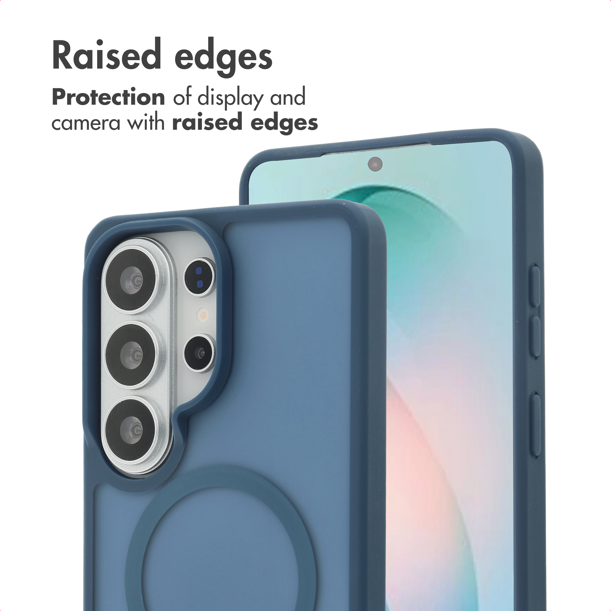 Coque de smartphone bleue avec bords surélevés pour protéger l'écran et l'appareil photo.