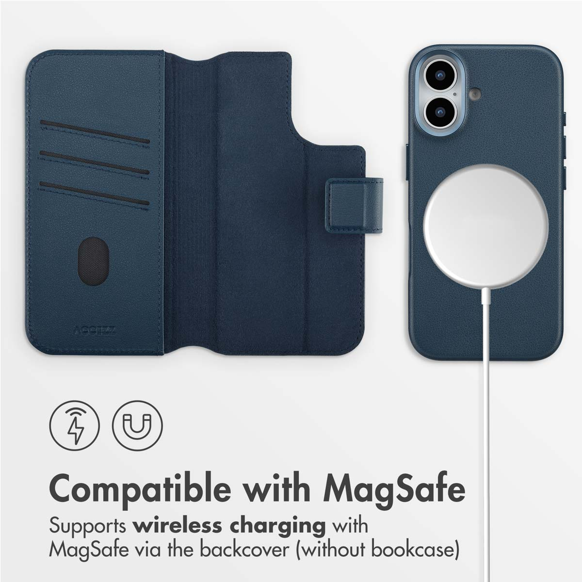 Funda y billetera para teléfono azul con compatibilidad MagSafe y cargador inalámbrico.