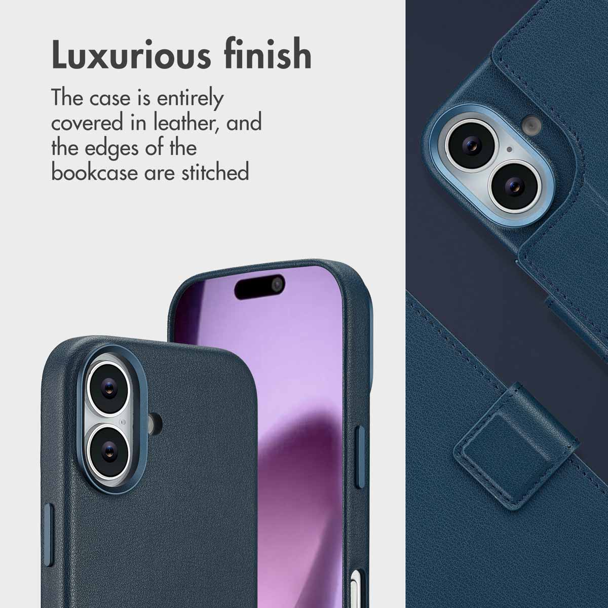 Funda de cuero azul para teléfono con costuras visibles y doble cámara.