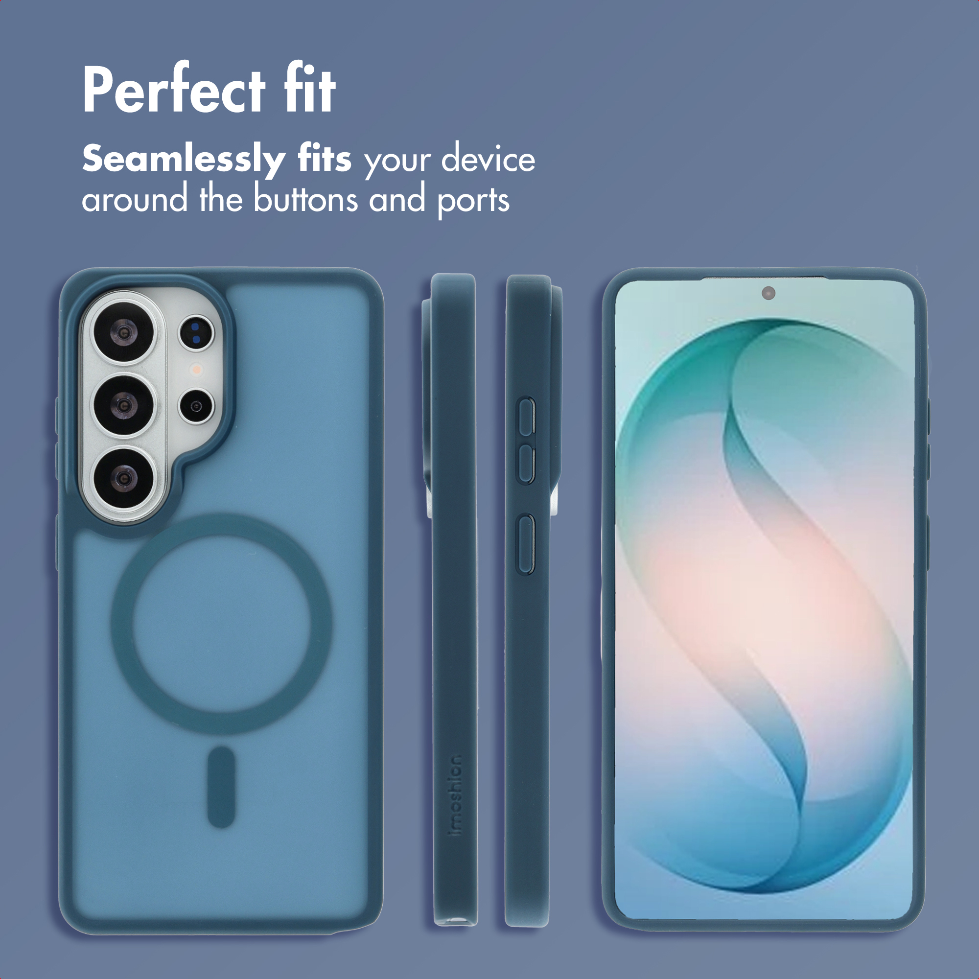 Coque de smartphone bleue montrée de dos, de profil et installée sur un téléphone avec un anneau magnétique.