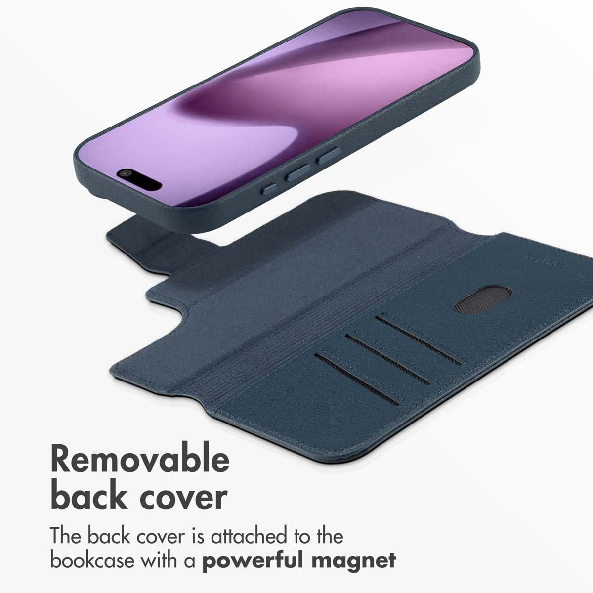 Una funda de piel azul oscura para smartphone con tapa trasera extraíble y ranuras para tarjetas.