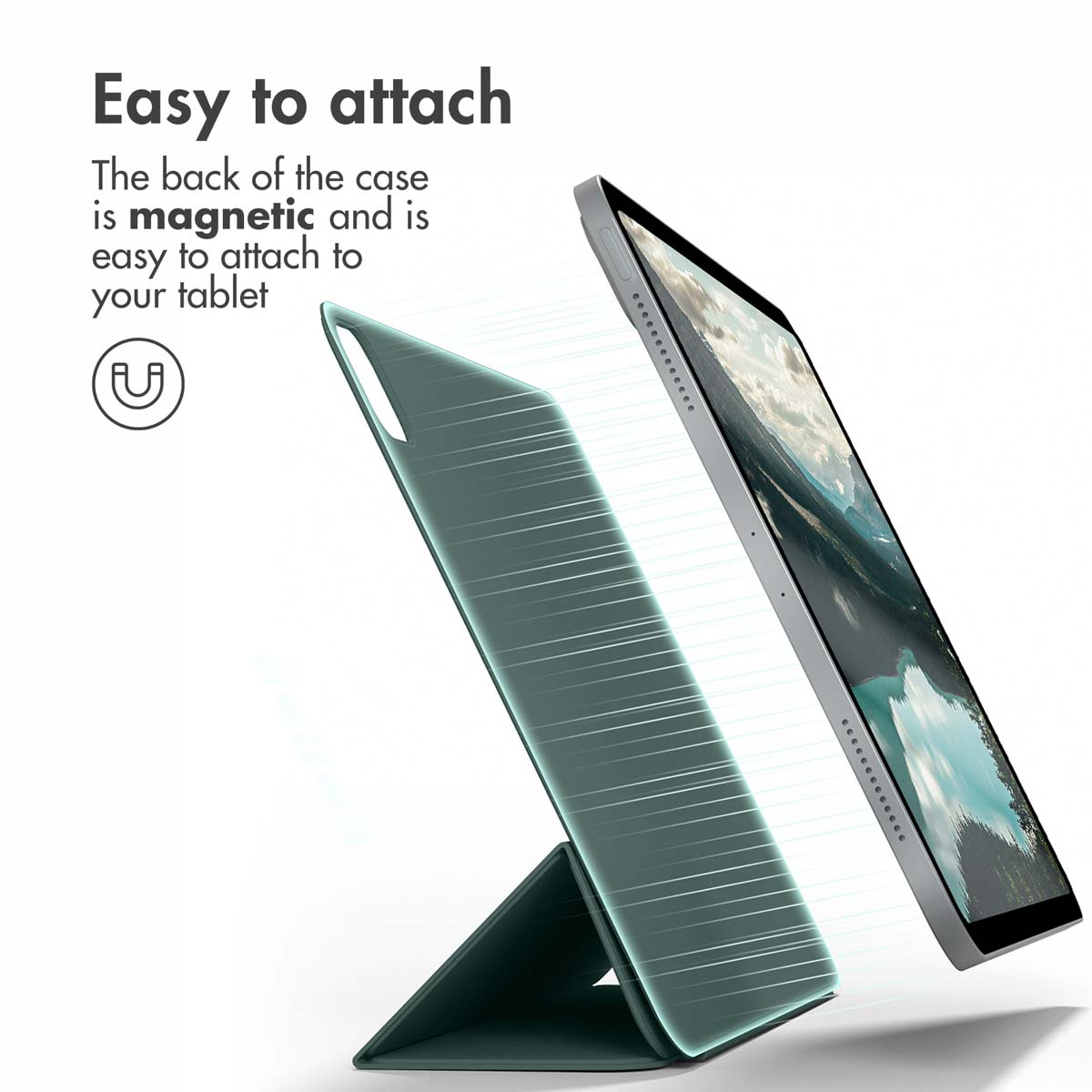 Une coque de tablette magnétique se connecte facilement, illustrée par des lignes.