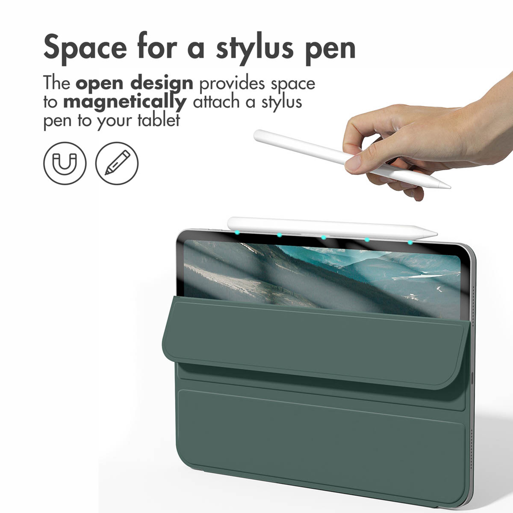 Main fixant magnétiquement un stylet blanc sur une tablette avec étui vert.