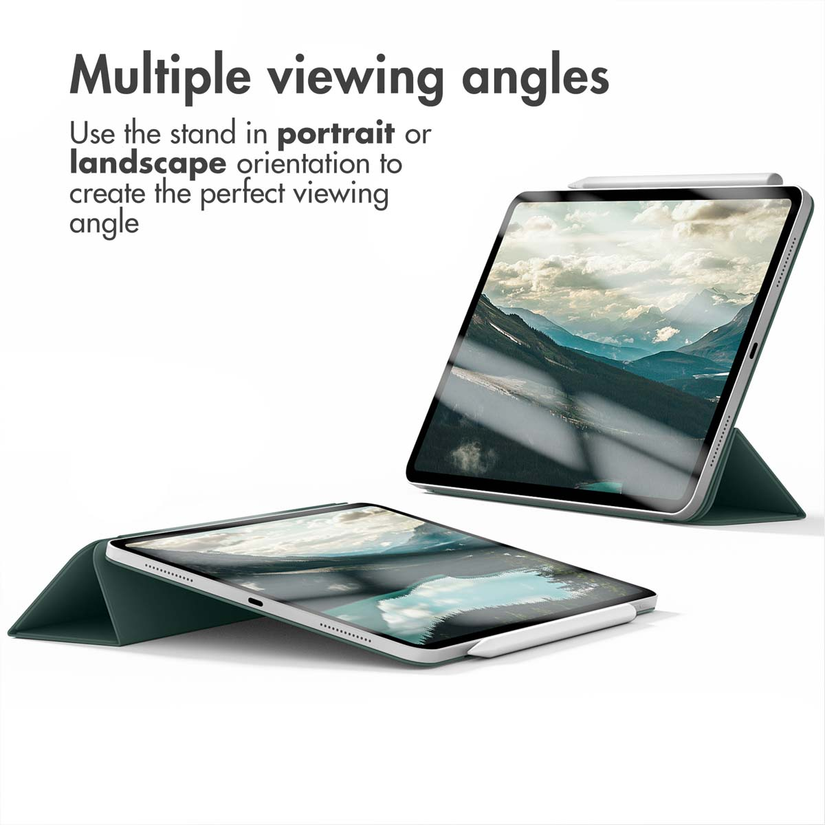 Deux tablettes dans des étuis verts affichent des paysages en orientation portrait et paysage.