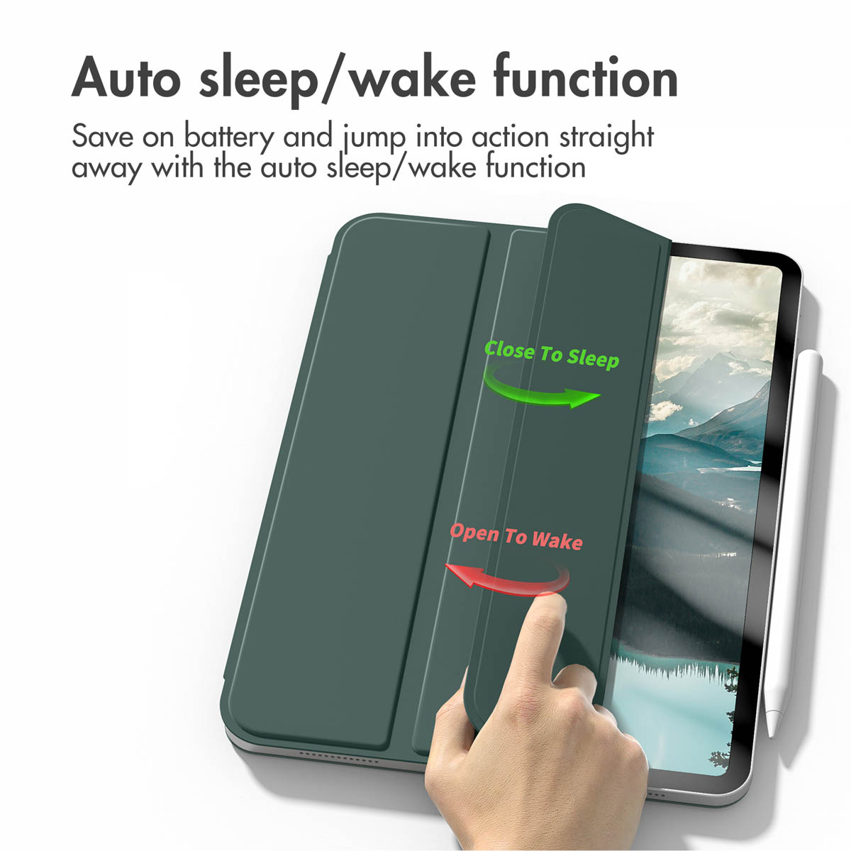Coque de tablette verte montrant la fonction veille/réveil auto avec une main.