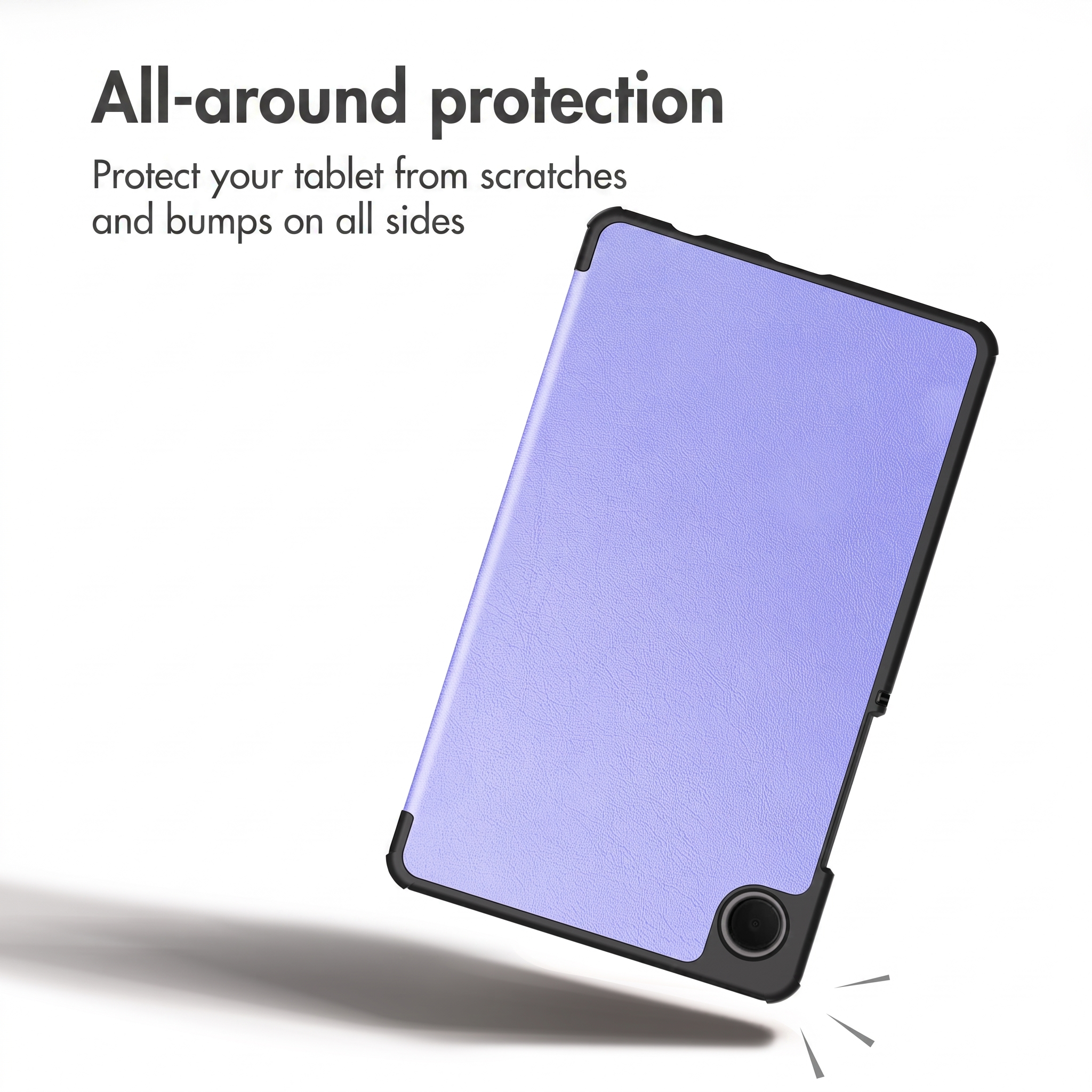 A light purple tablet case with a black bumper protects the device from bumps and scratches.