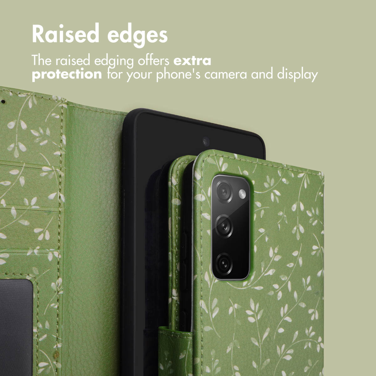 Funda verde con patrón de hojas blancas y texto sobre bordes elevados.