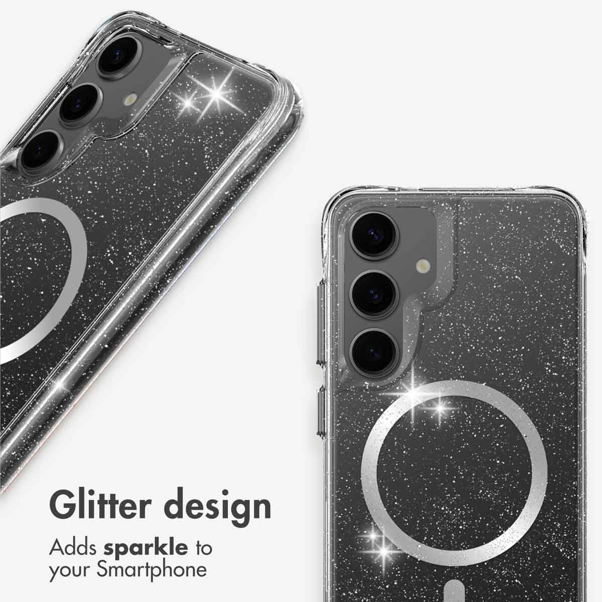 Funda de smartphone con purpurina, anillo MagSafe y recorte para cámara sobre fondo claro.