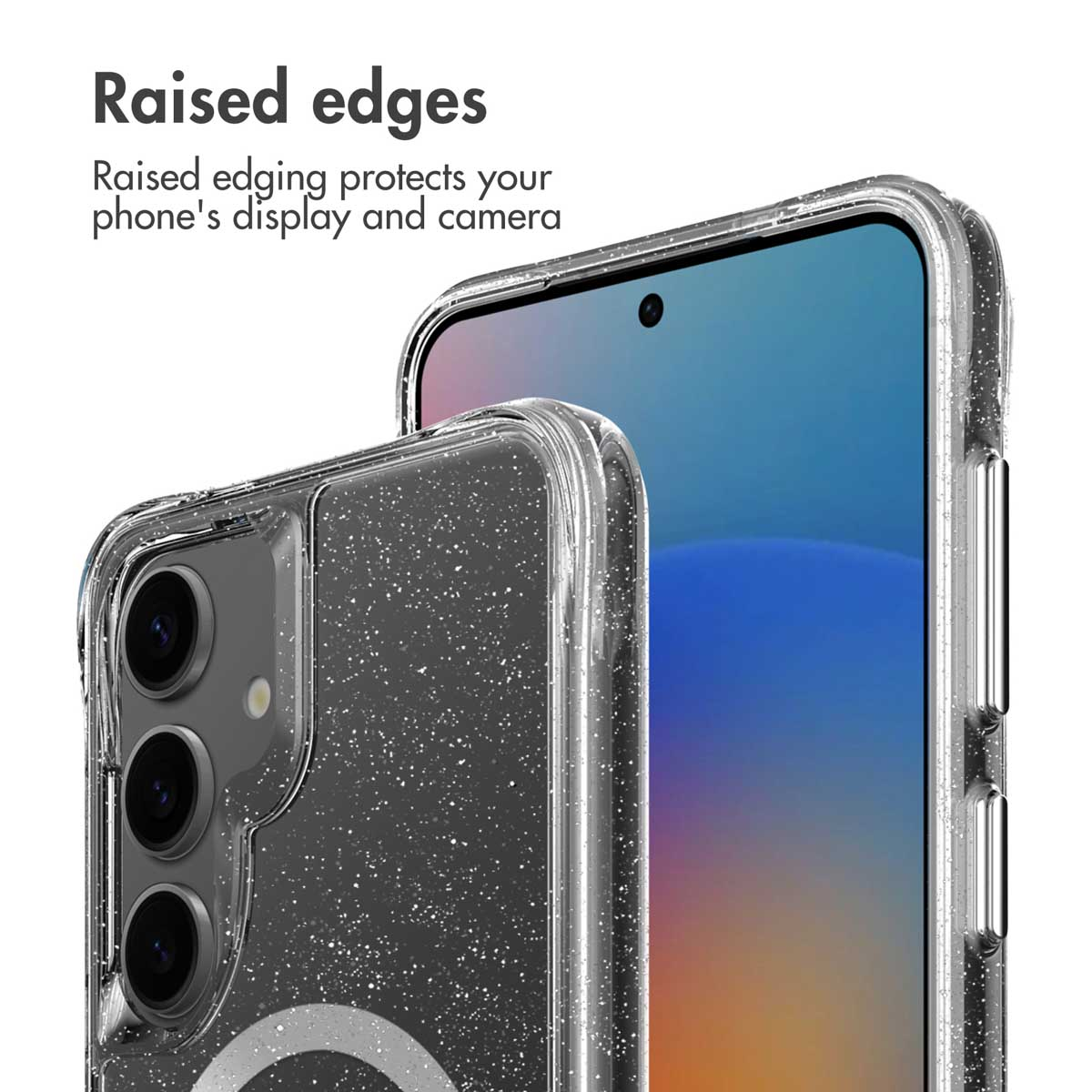 Fundas transparentes y brillantes con bordes elevados para proteger pantalla y cámara.