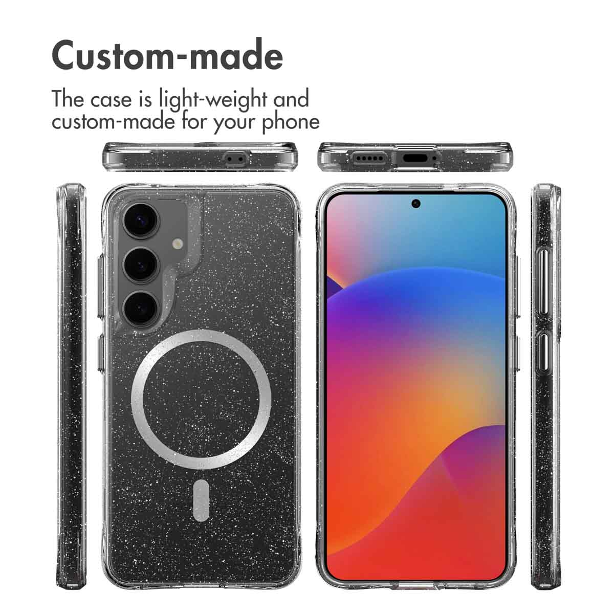 Vistas múltiples de una funda brillante y personalizada con anillo MagSafe y protector de pantalla.