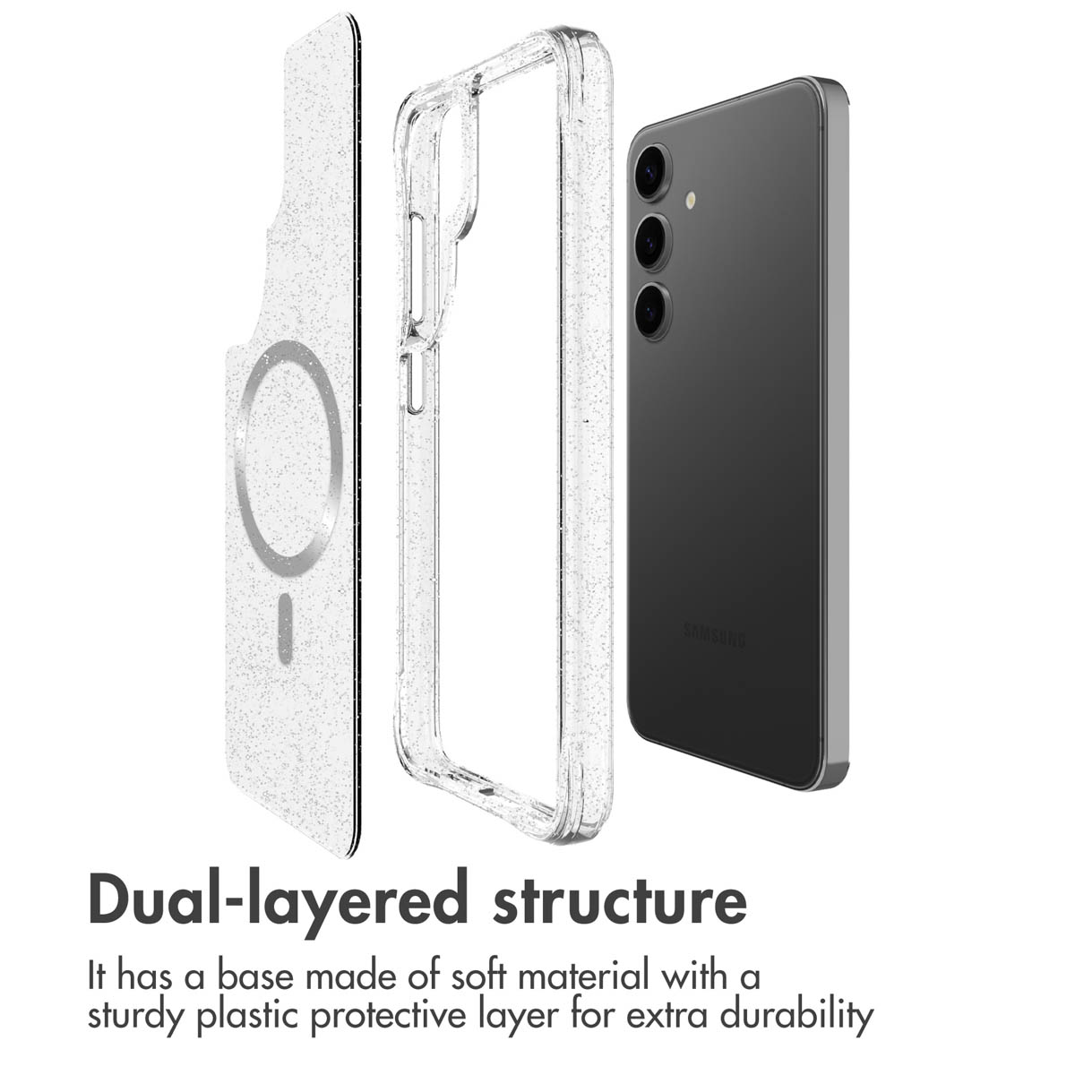 Vista despiezada de una funda de smartphone con base blanda y capa protectora de plástico.