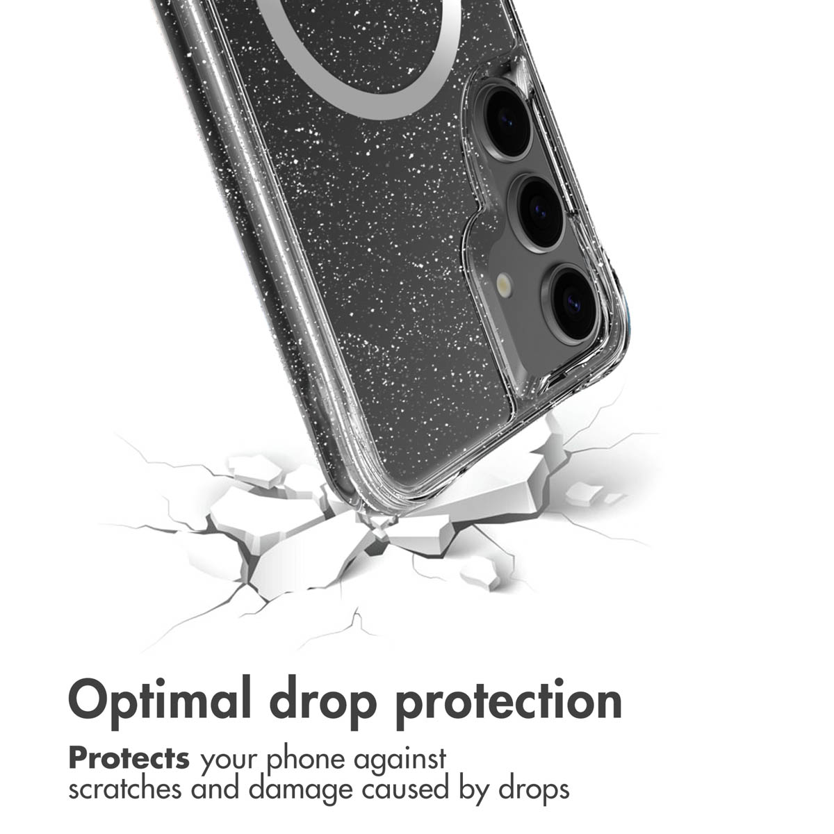 Funda de móvil brillante golpeando superficie blanca agrietada, protegiendo.