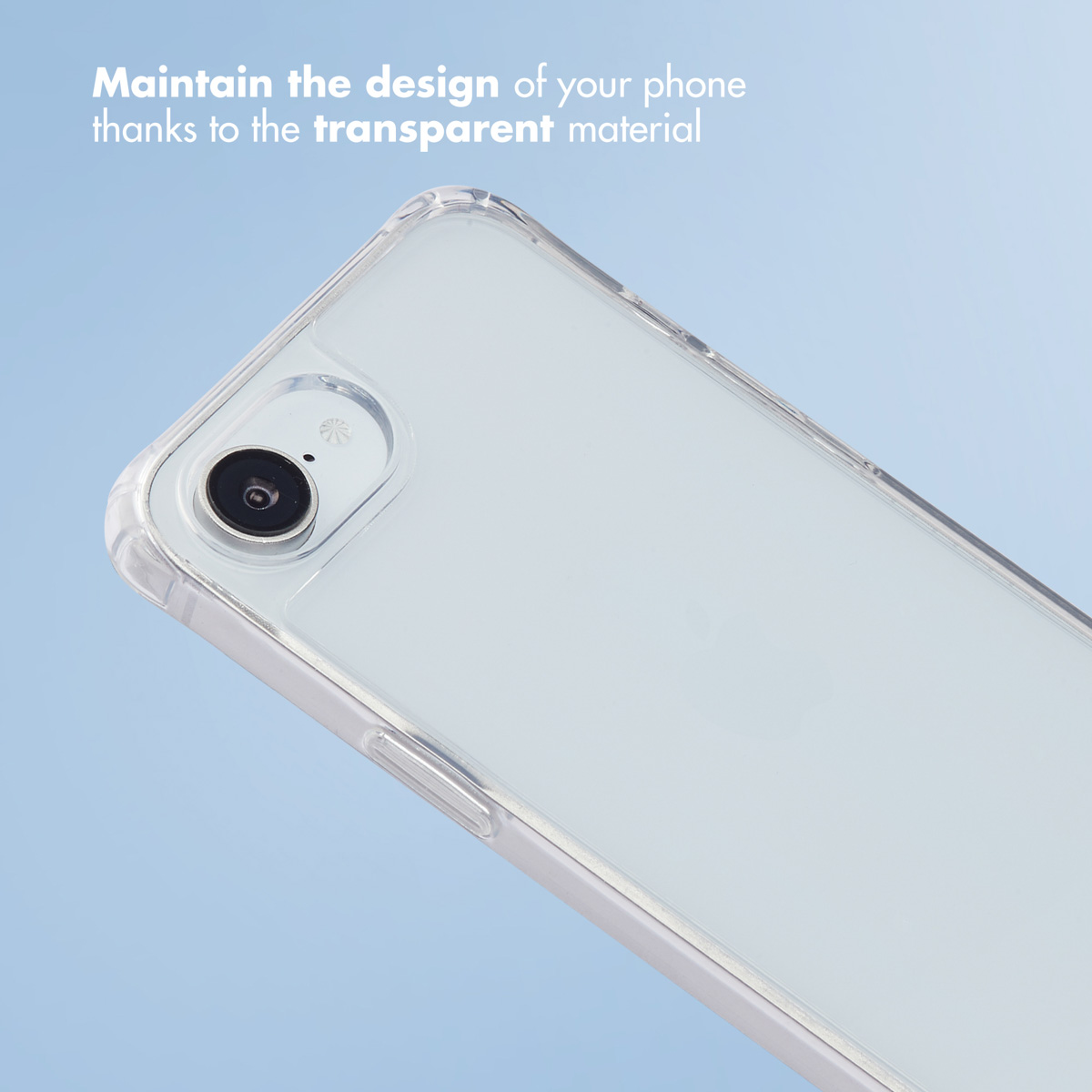 Uno smartphone in una custodia trasparente su sfondo blu con del testo.