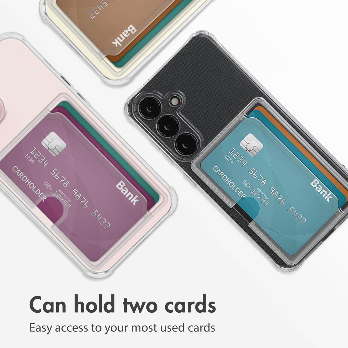Tres teléfonos en fundas protectoras con tarjeteros, cada una con capacidad para dos tarjetas bancarias.