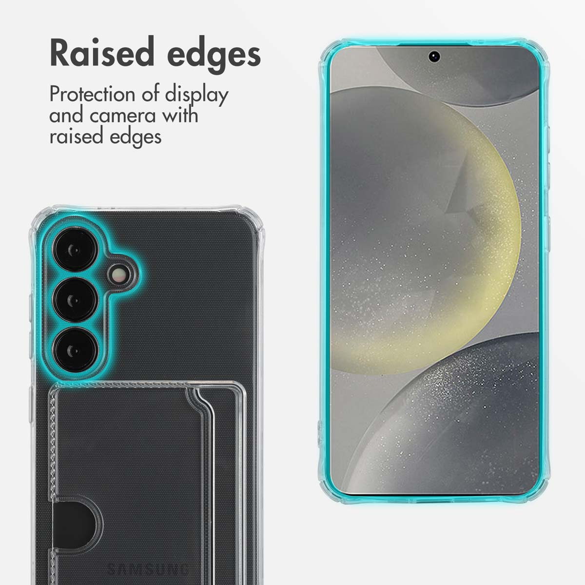 Smartphone con funda protectora y bordes elevados para la pantalla y cámara, resaltados con contornos turquesa.