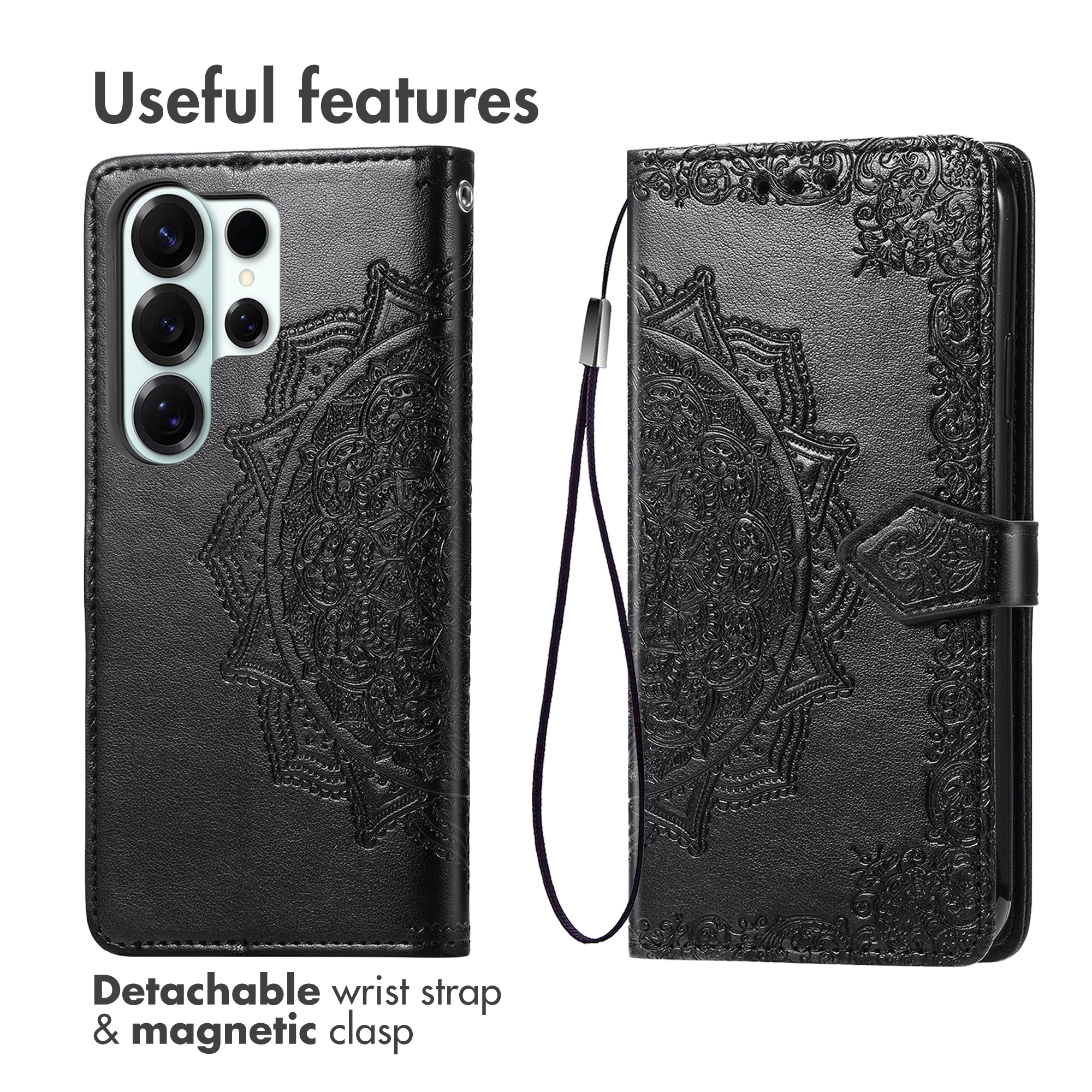 Étui de téléphone en cuir noir avec gaufrage mandala, dragonne et fermoir.