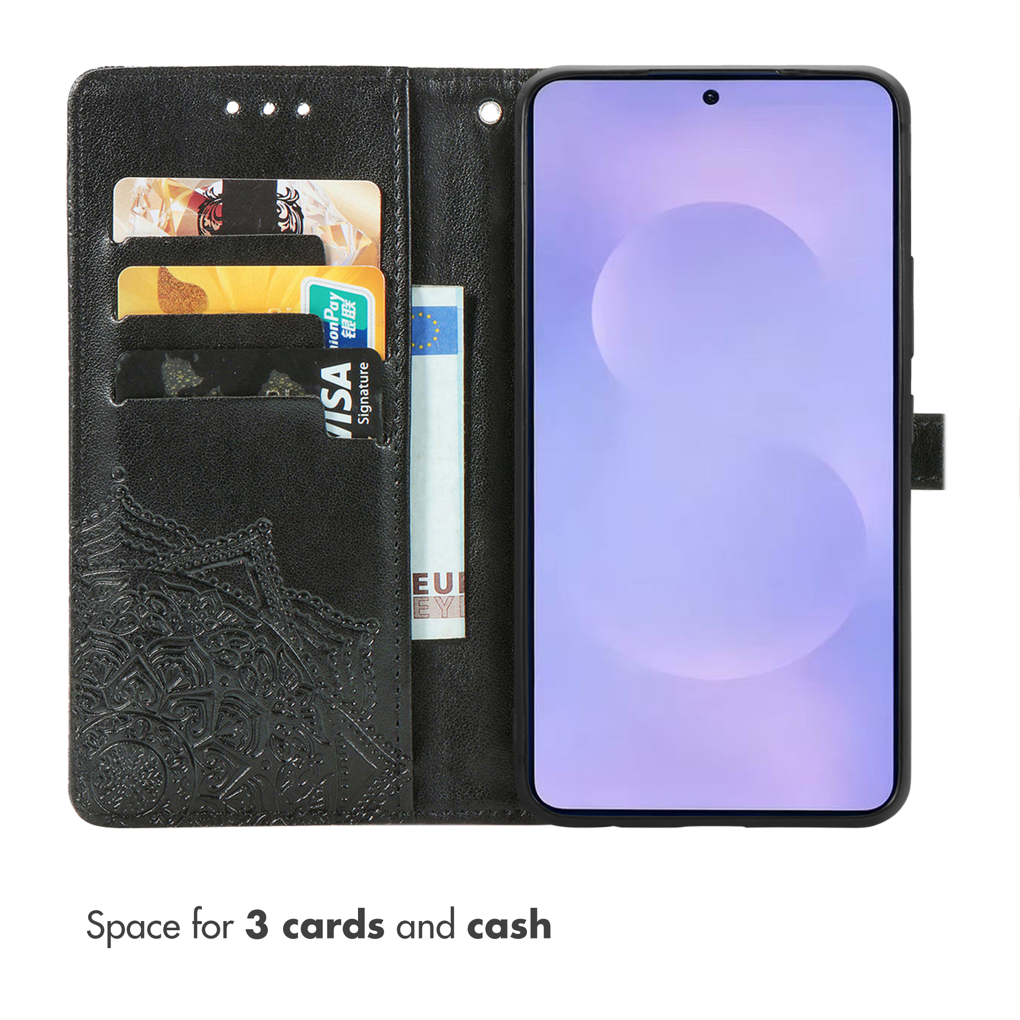 Étui portefeuille noir en cuir pour smartphone avec fentes pour trois cartes et une poche à billets.
