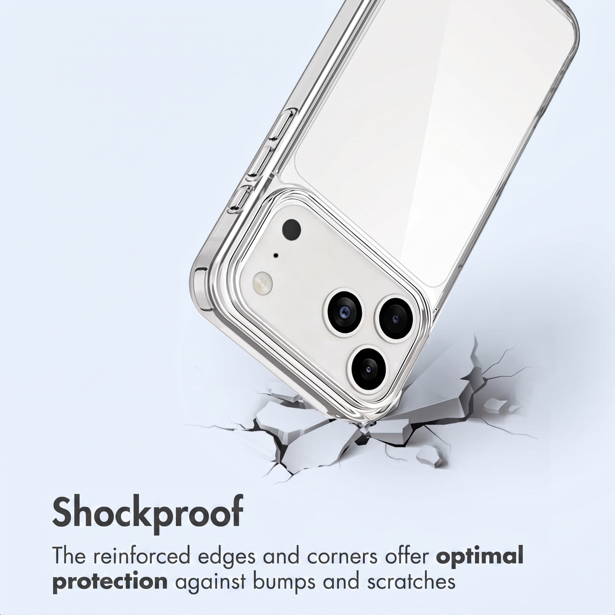 Funda protectora transparente en un teléfono inteligente golpeando un suelo agrietado, con texto abajo.