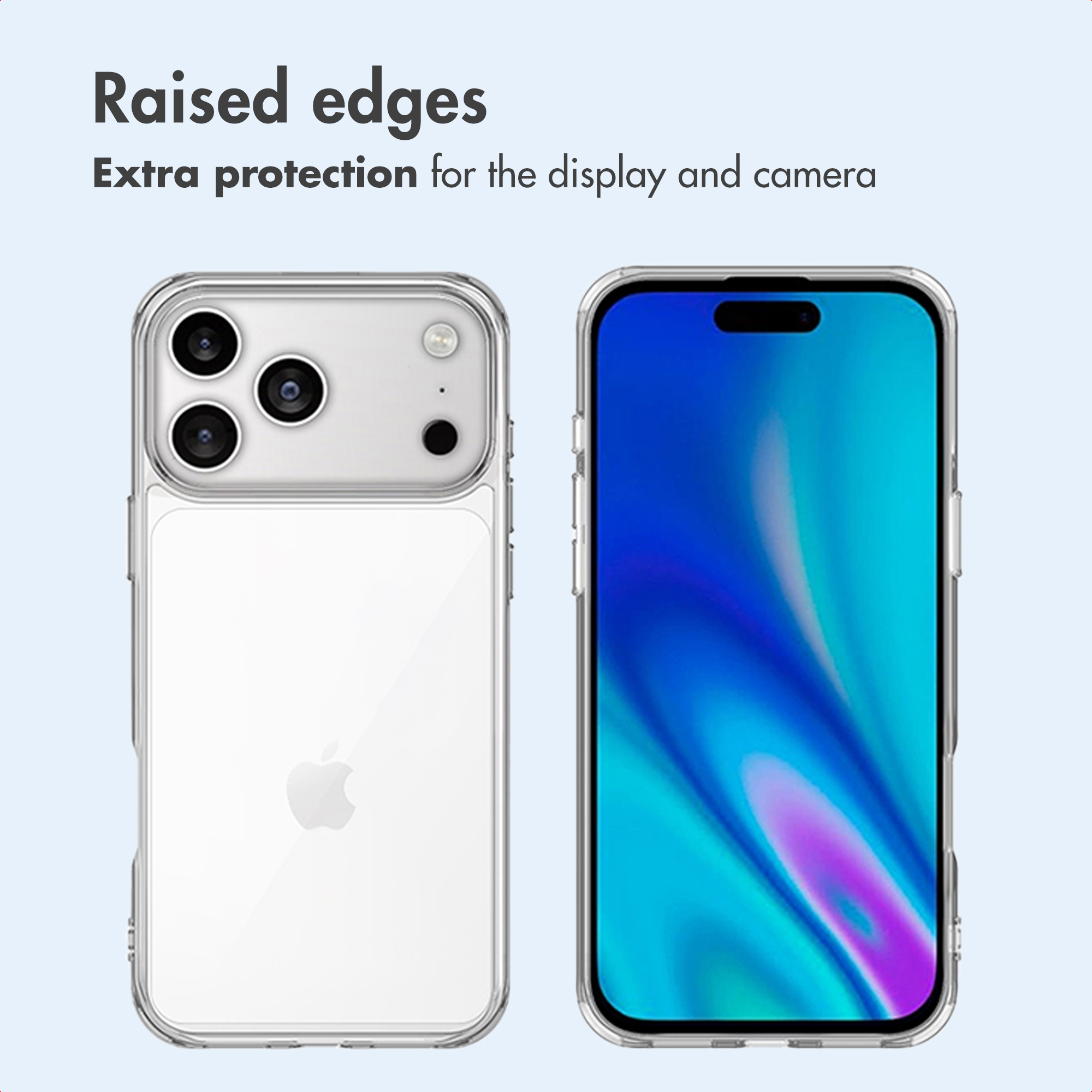 Una funda transparente en un iPhone muestra la parte trasera y delantera con bordes elevados.