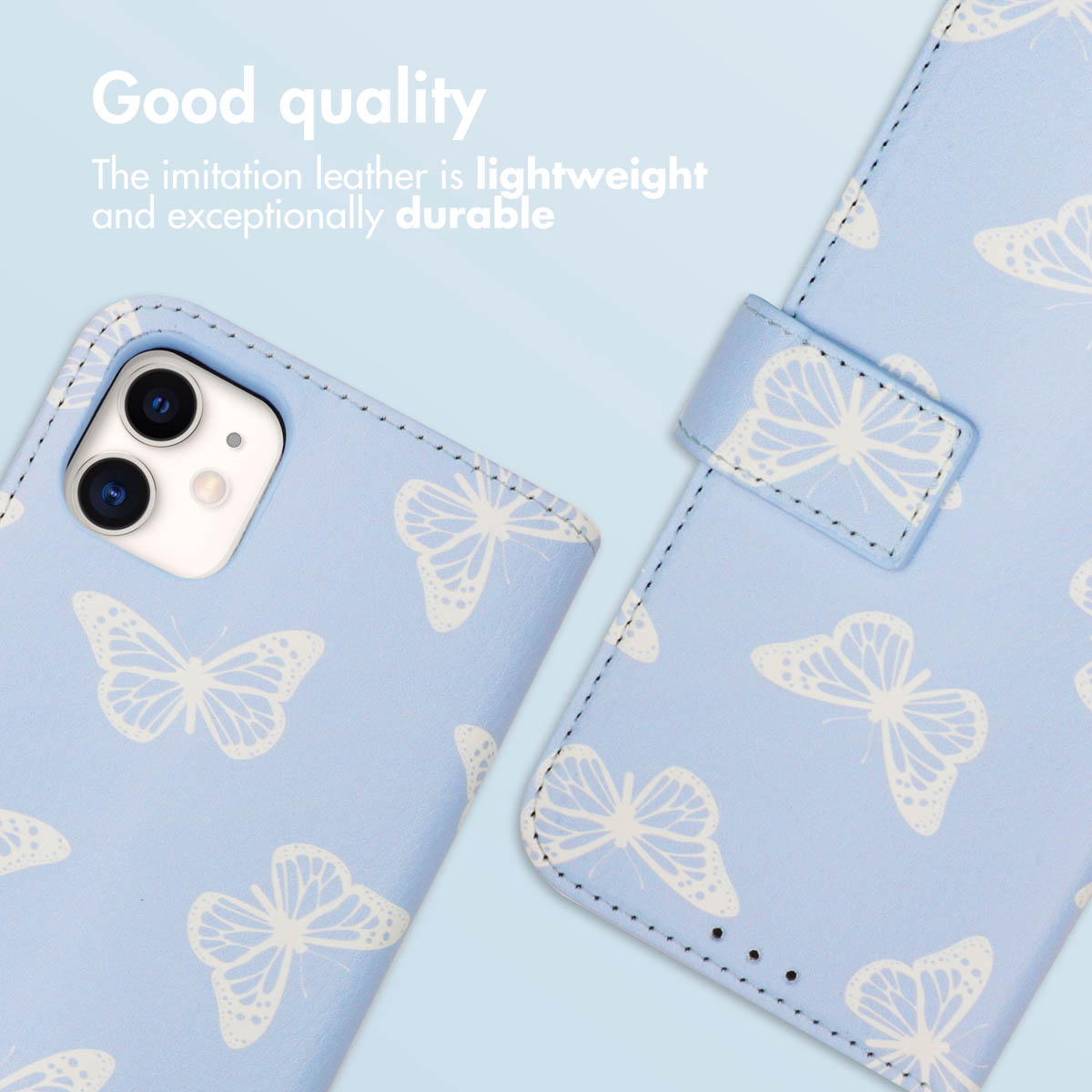 Étui de téléphone en similicuir bleu clair avec papillons blancs et texte.