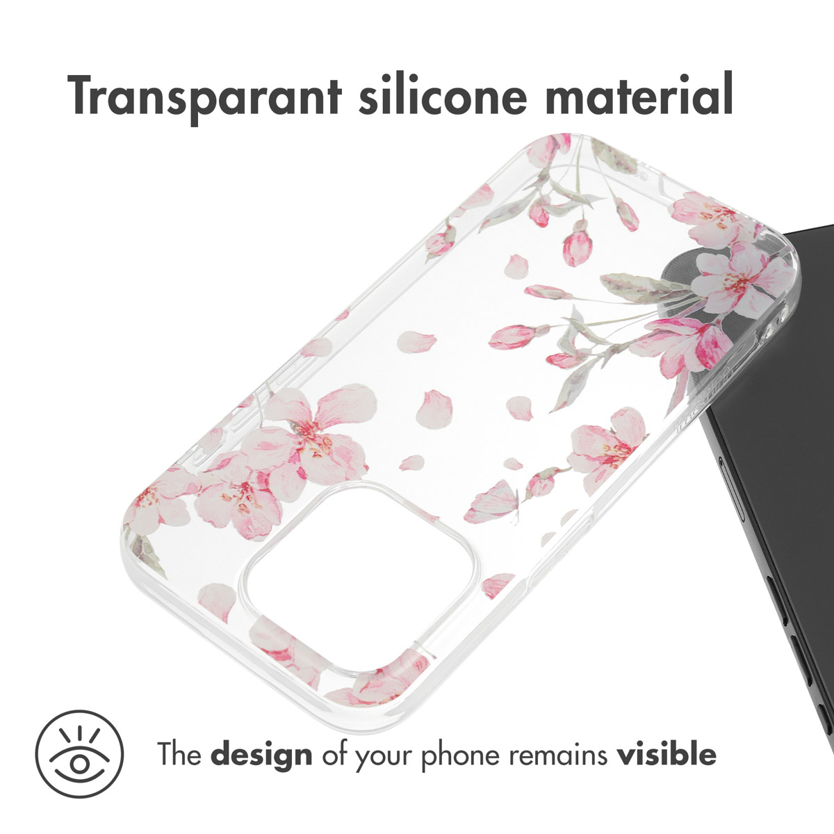 Transparente Silikon-Handyhülle mit zartem rosa Kirschblütenmuster.