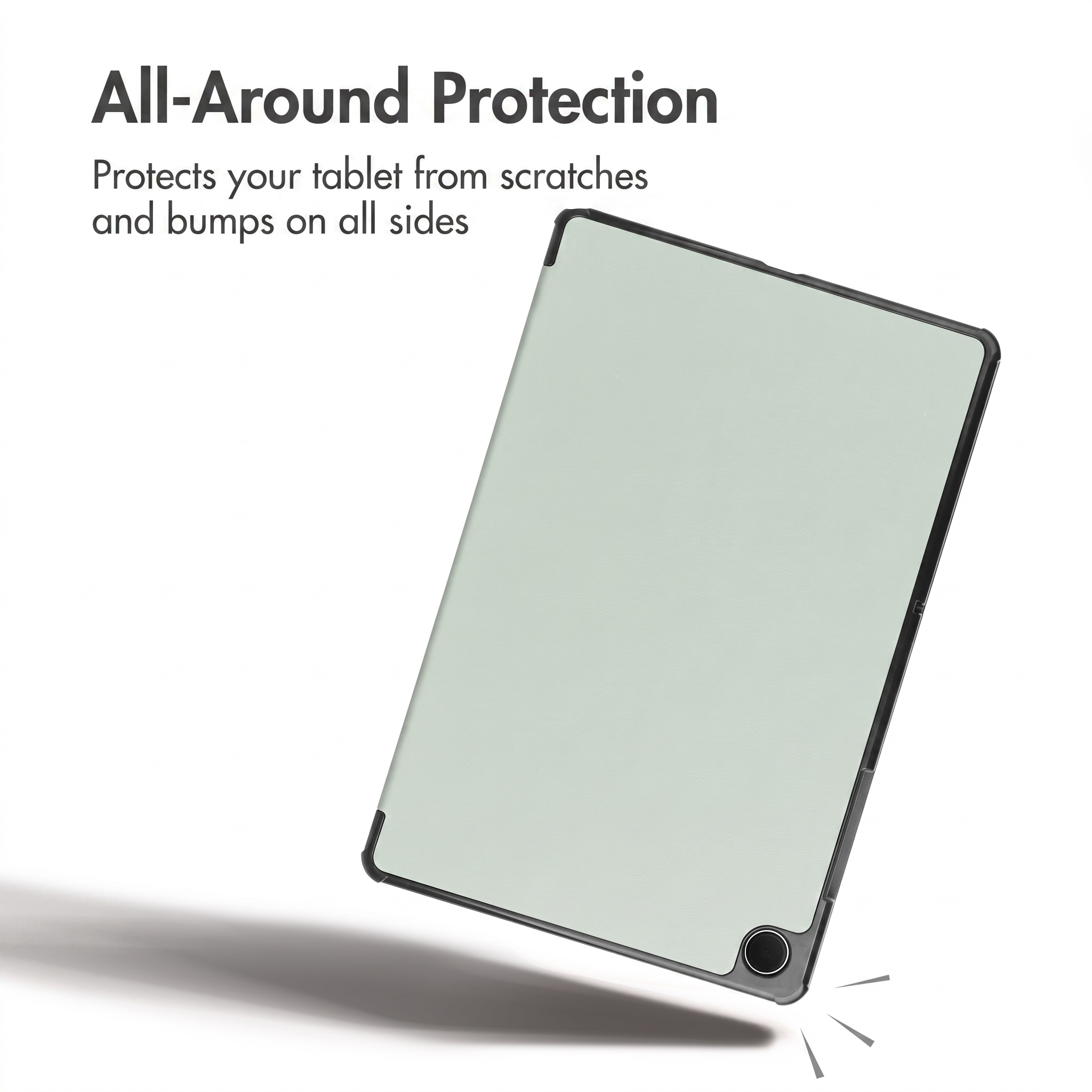 A tablet in a light green case floats against a white background with protective feature text.