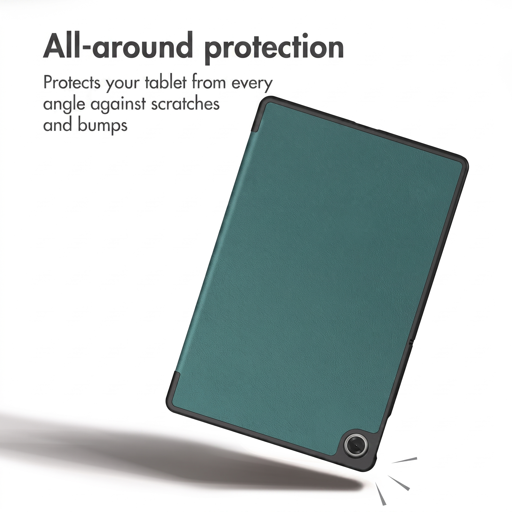 Une tablette verte dans un étui de protection contre les rayures.