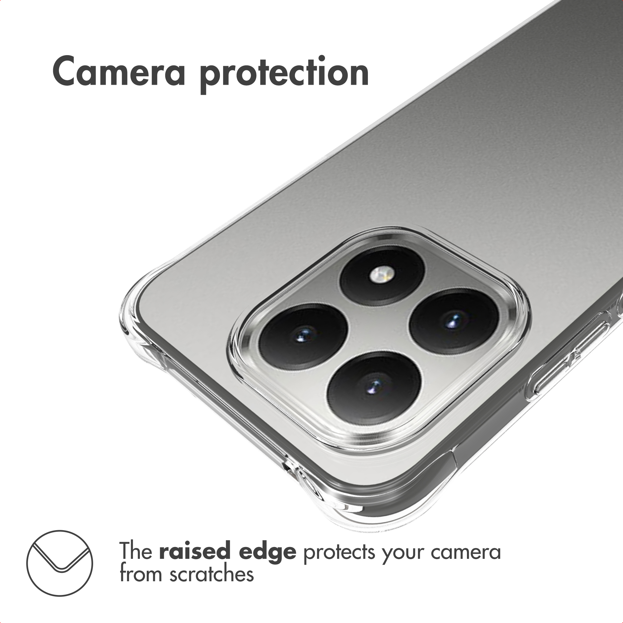 Un primer plano de la parte trasera de un smartphone con funda protectora alrededor de la cámara.