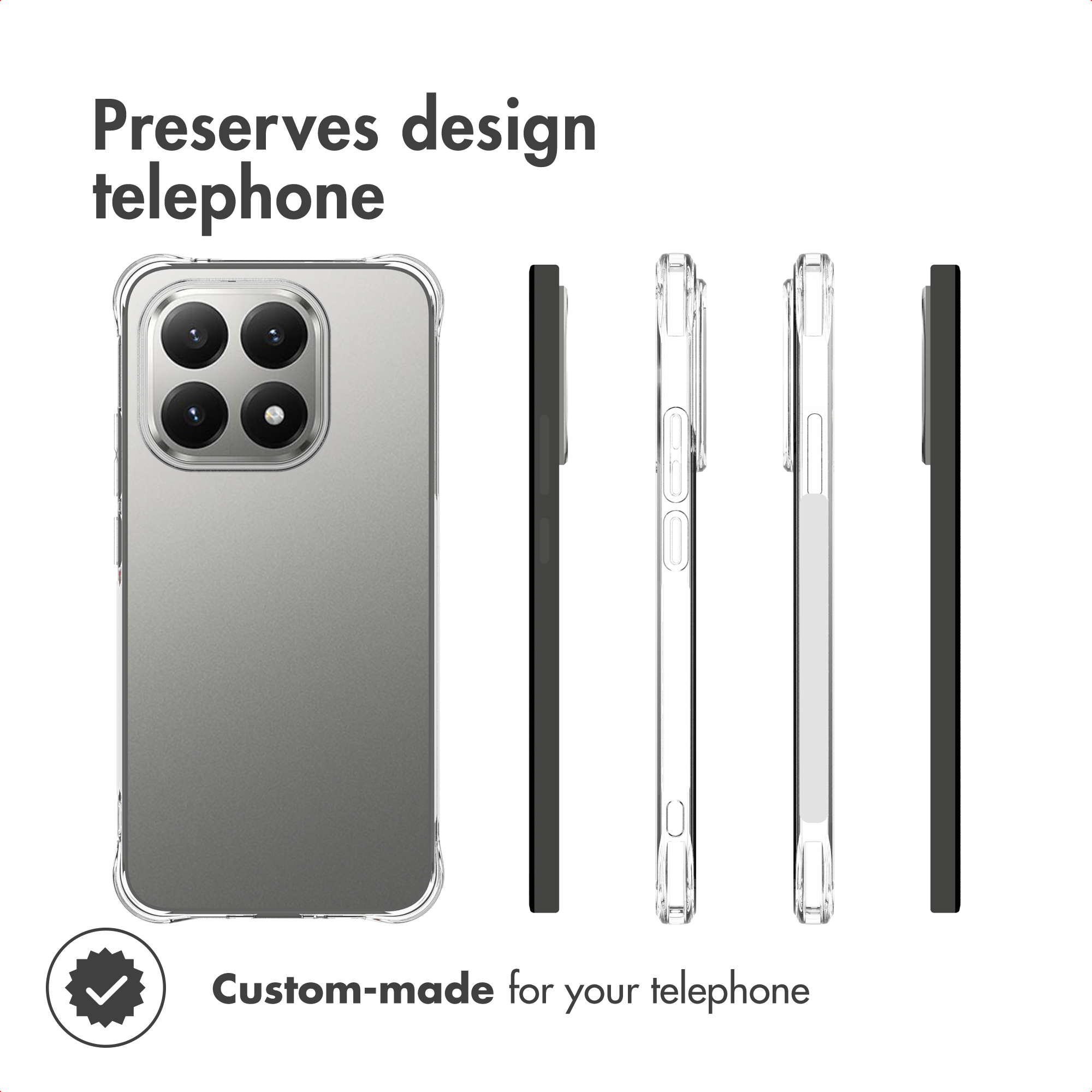Funda transparente para teléfono con recortes para cámara y botones, mostrada desde varios ángulos.