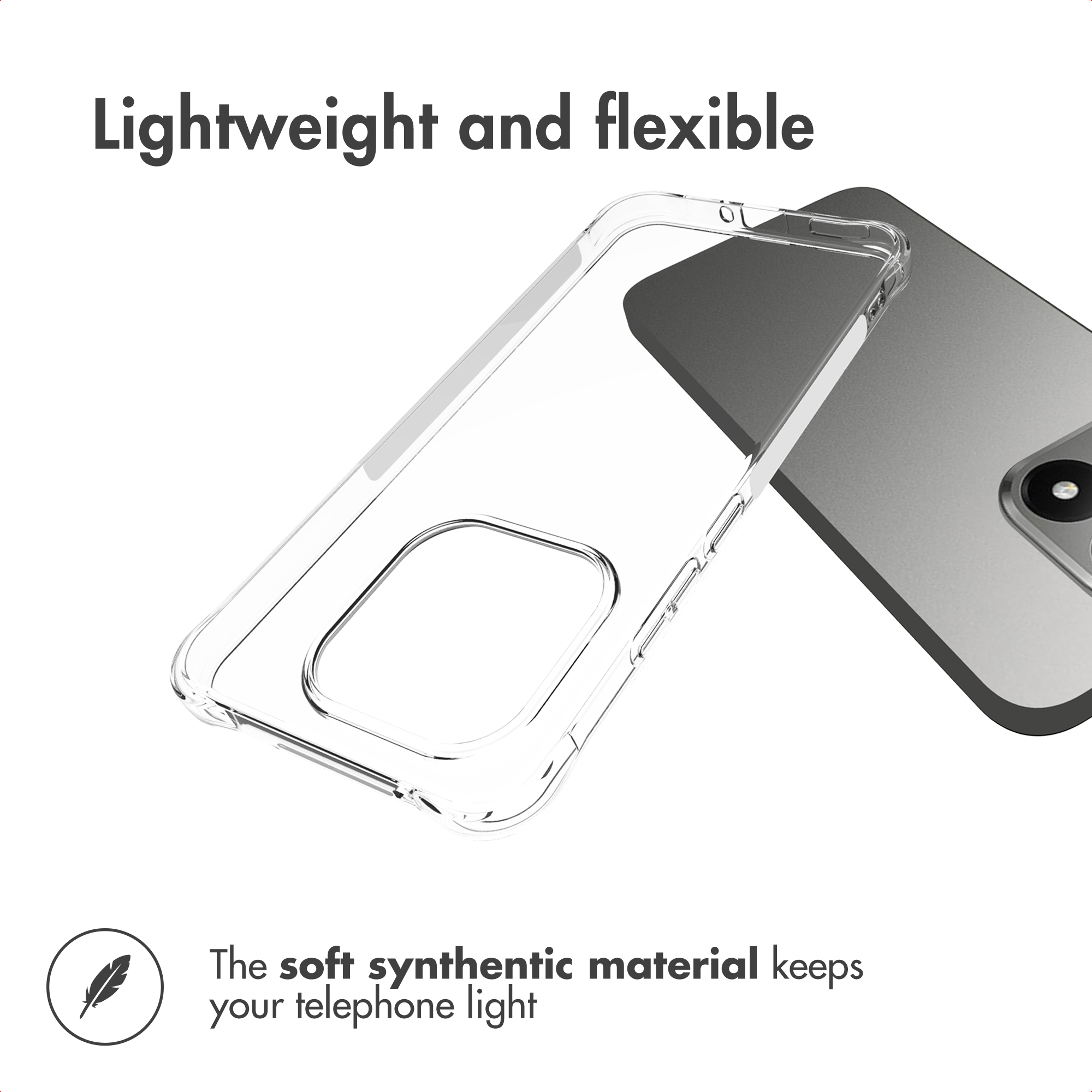 Funda transparente para teléfono con texto Lightweight and flexible y una pluma.