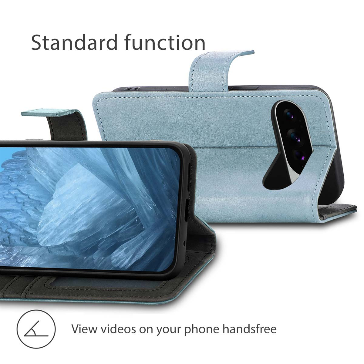 Custodia per telefono in pelle blu come supporto, testo funzione standard