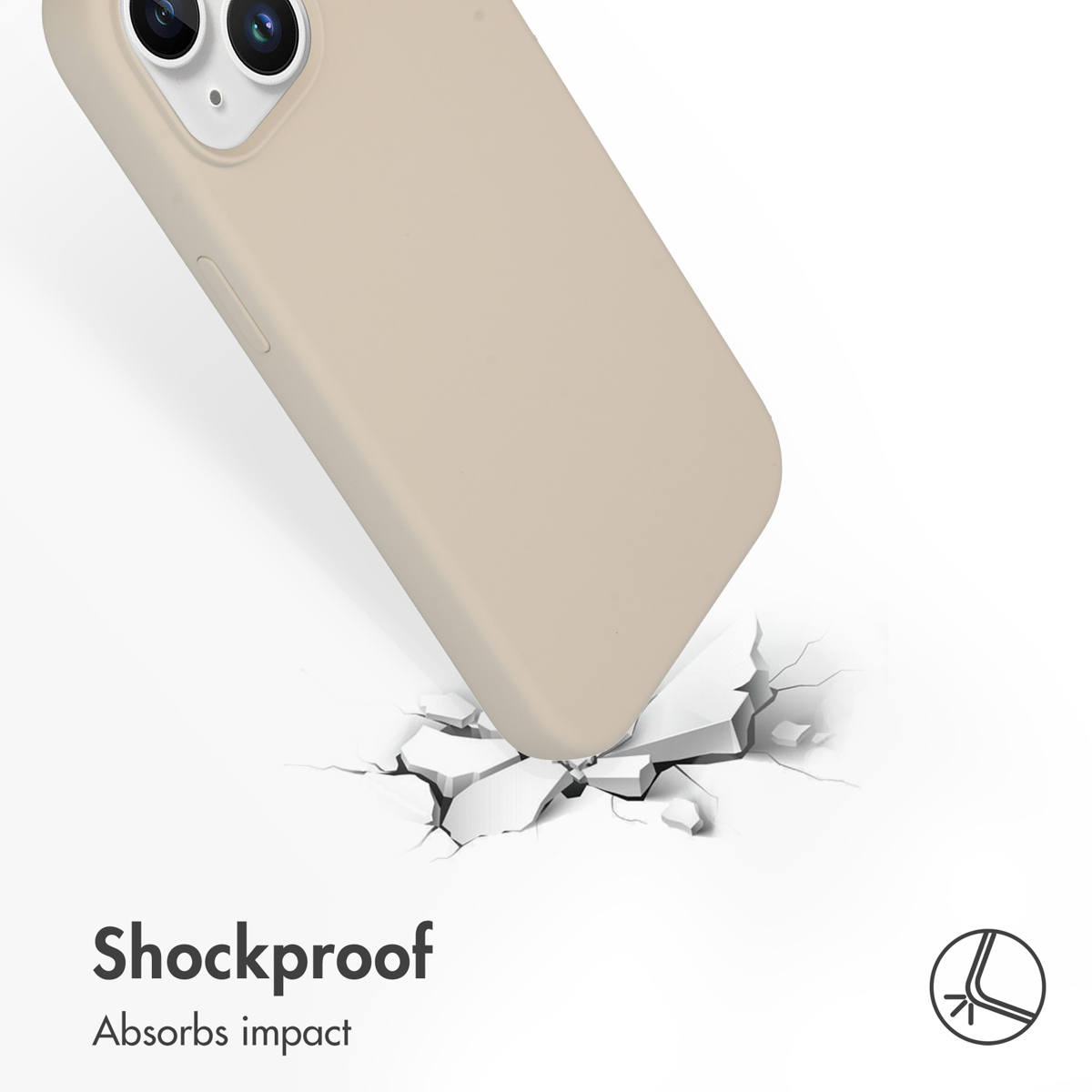 A beige smartphone in a case strikes a cracked white floor, with text reading Shockproof Absorbs impact.