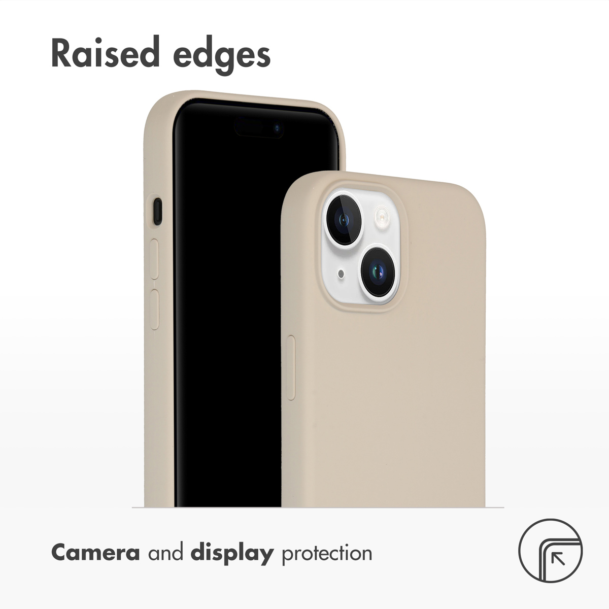 Beige phone case with raised edges showing camera and display protection on two smartphones.